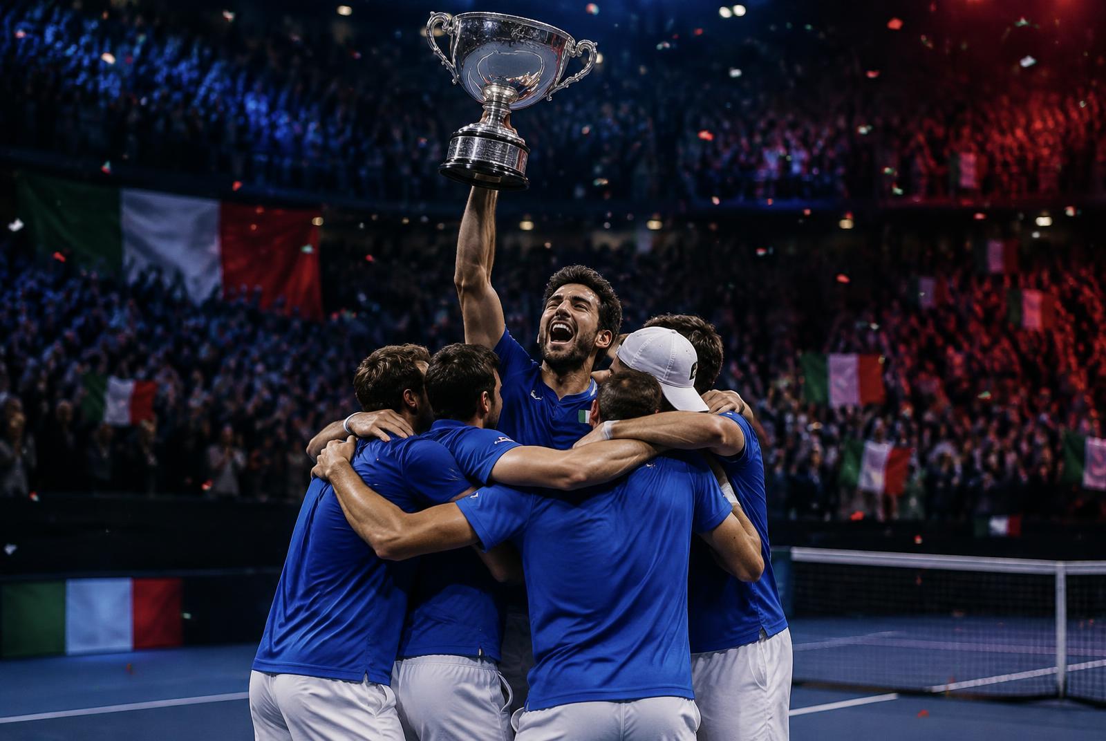 Anonymous national tennis team embracing with a trophy in a dark arena