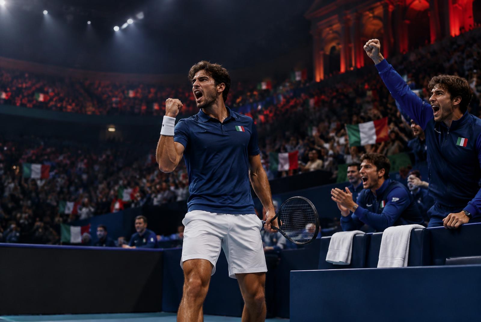 Anonymous national team tennis players celebrating beside the bench in a dark indoor arena