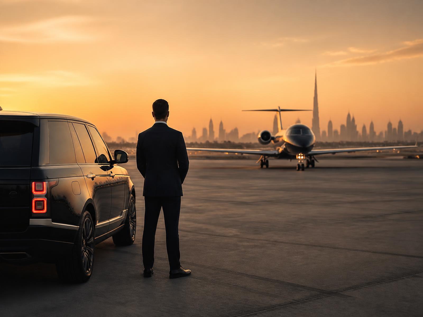 Private jet arrival and chauffeured SUV in Dubai