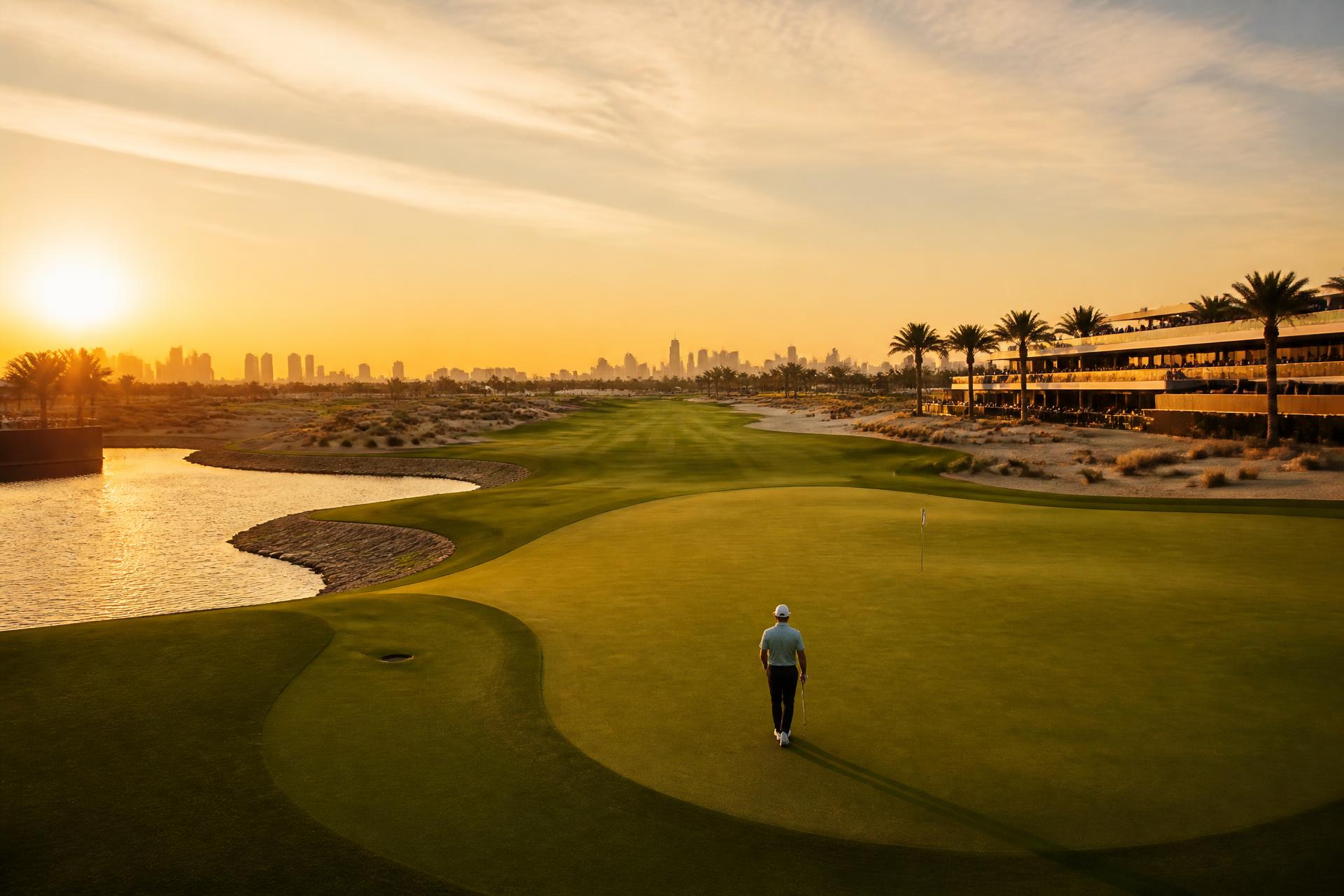 Golfer walking toward the final green at Dubai sunset