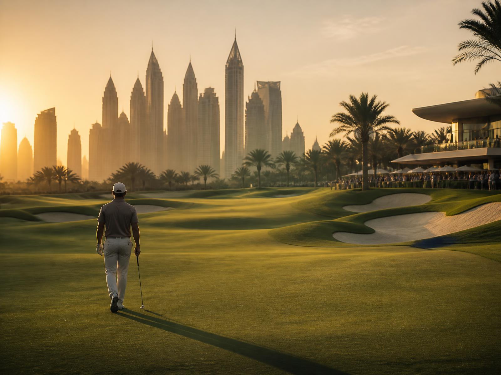 Golfer approaching the closing holes in Dubai