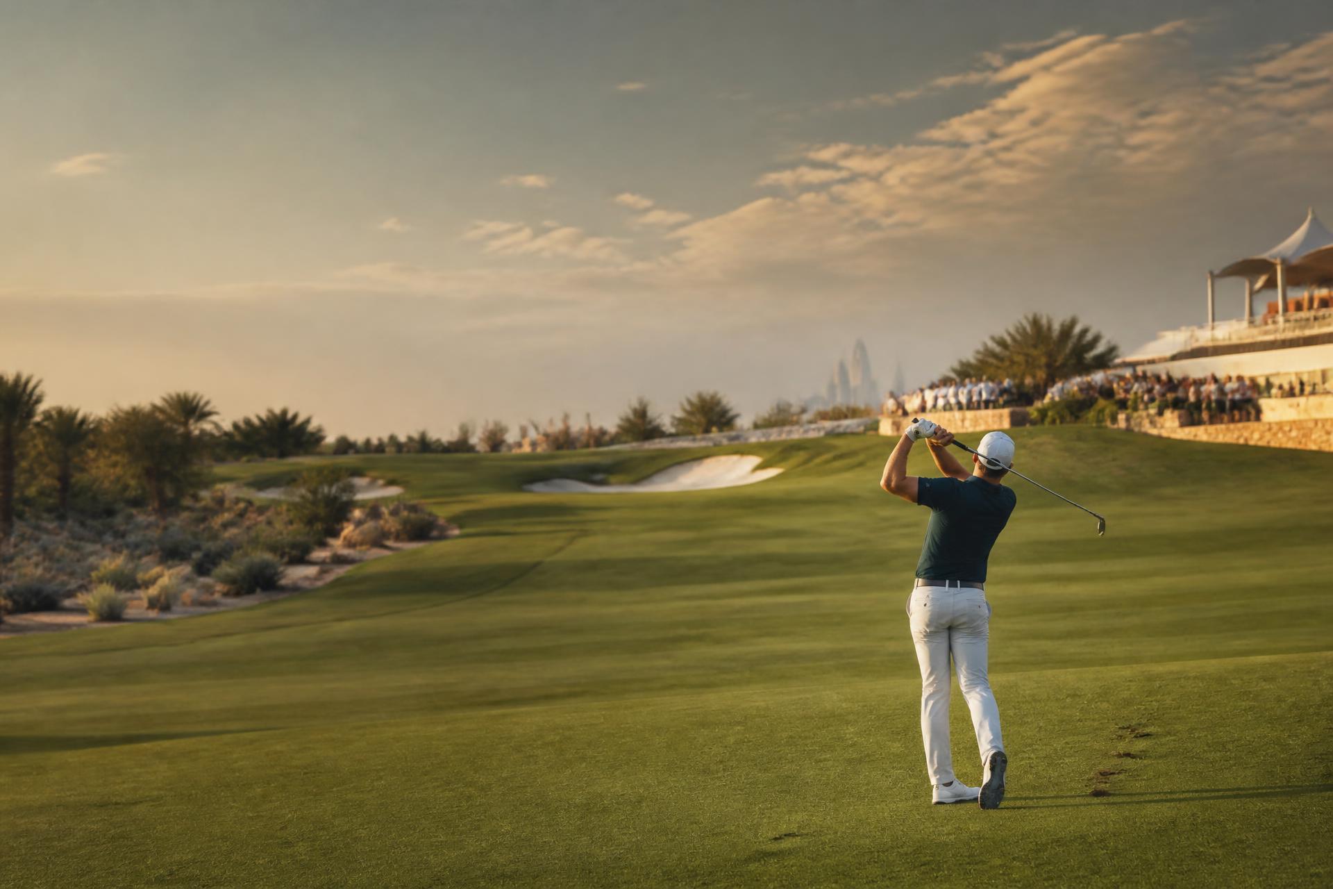 Golfer playing a Dubai championship course at golden hour