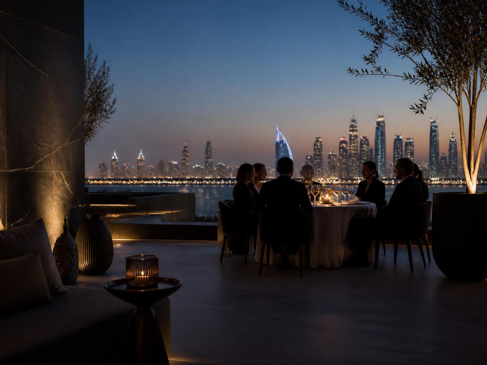 Private client dinner overlooking Dubai after dark