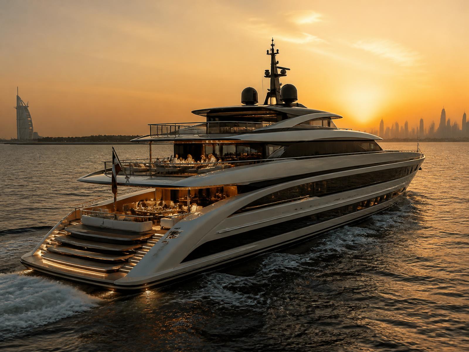 Private yacht cruising Dubai at sunset