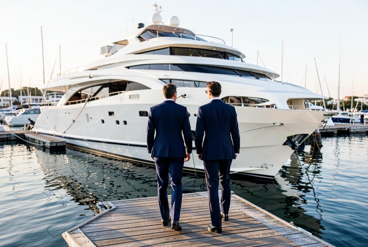 Broker and client reviewing yacht documentation at a quiet waterfront table