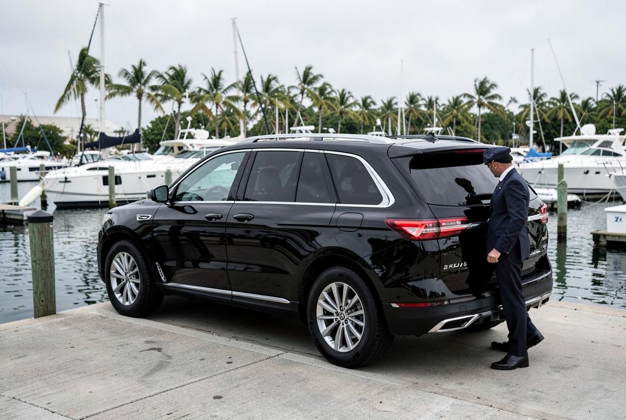 Black luxury SUV waiting beside a Fort Lauderdale marina entrance