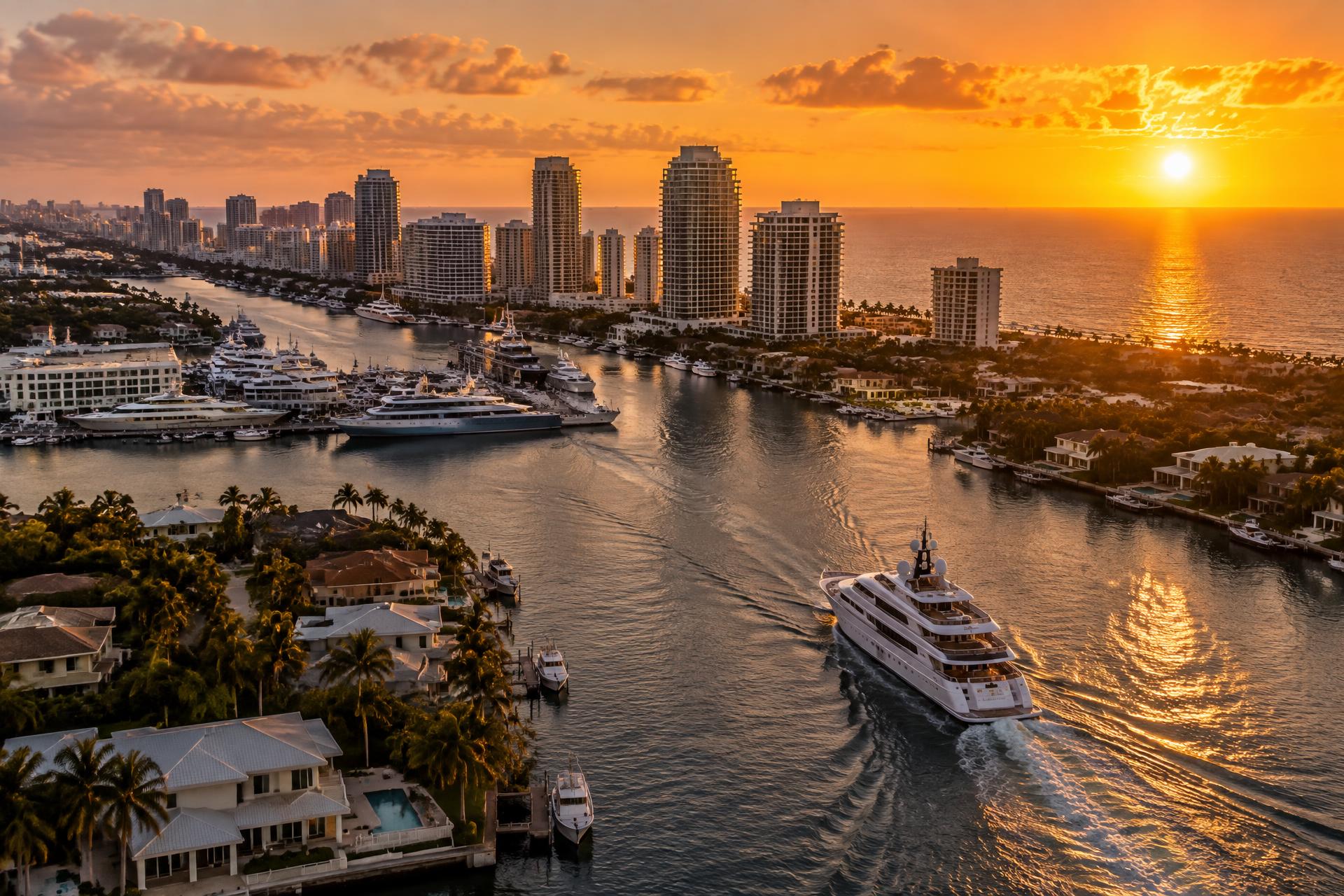 Aerial view of Fort Lauderdale's waterways and superyacht docks at sunset