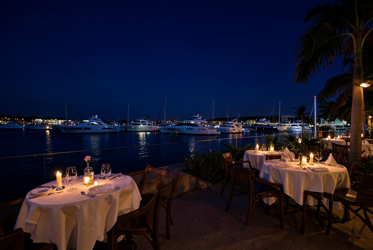 Waterfront restaurant terrace lit at night beside moored yachts