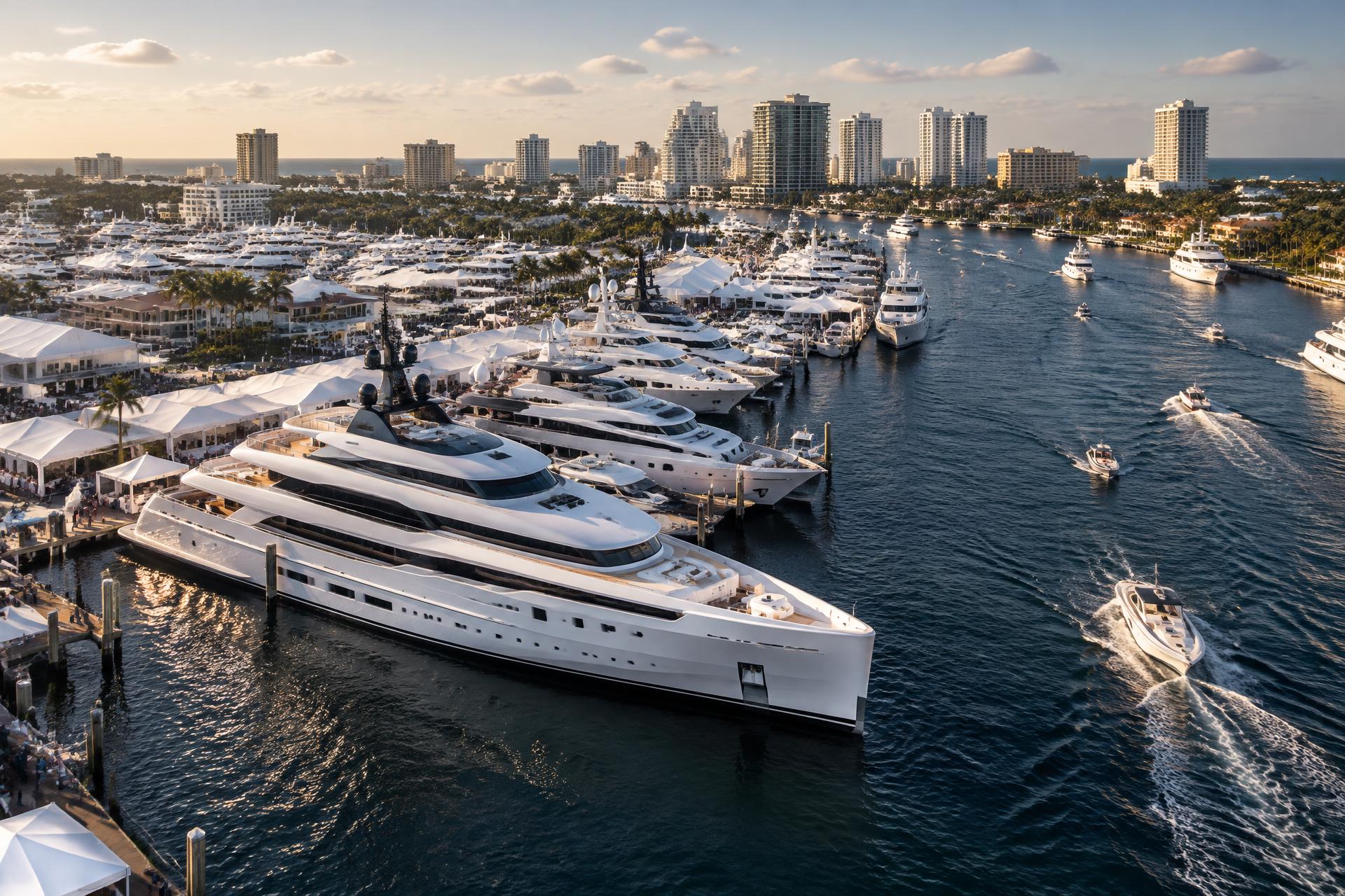 Superyachts moored along the Fort Lauderdale waterfront at dusk during the international boat show