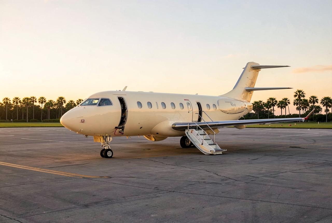 Private jet on the apron at a South Florida executive airport at golden hour