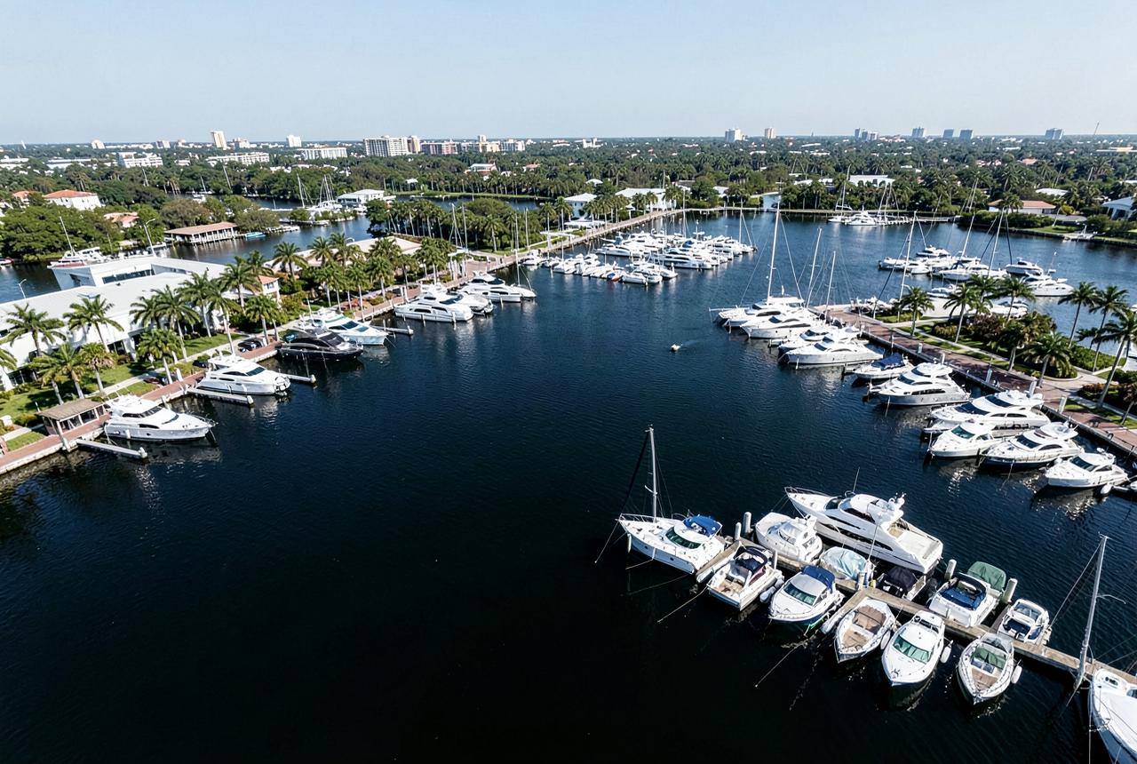 Aerial view of Fort Lauderdale's marinas and intracoastal waterway lined with yachts