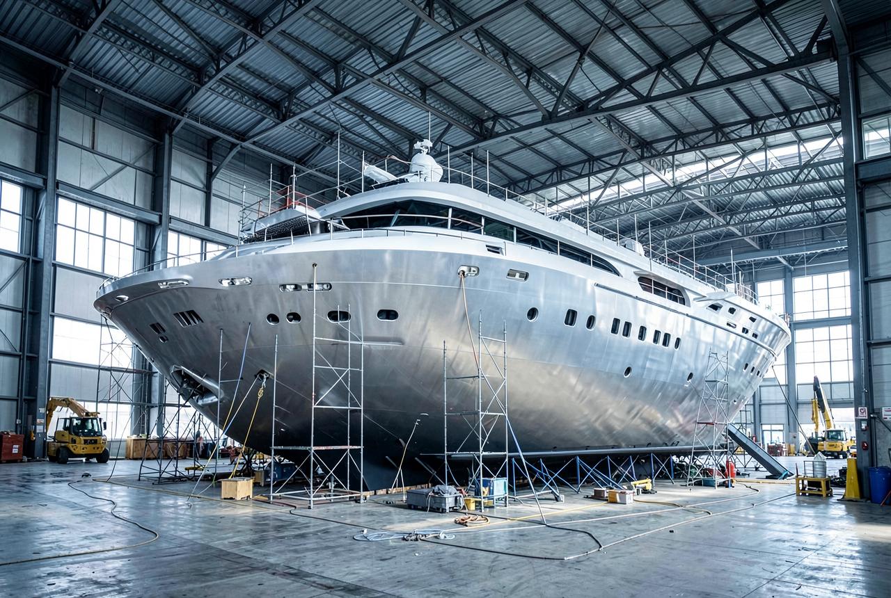 Yacht designer's model and drawings presented on a shipyard meeting table