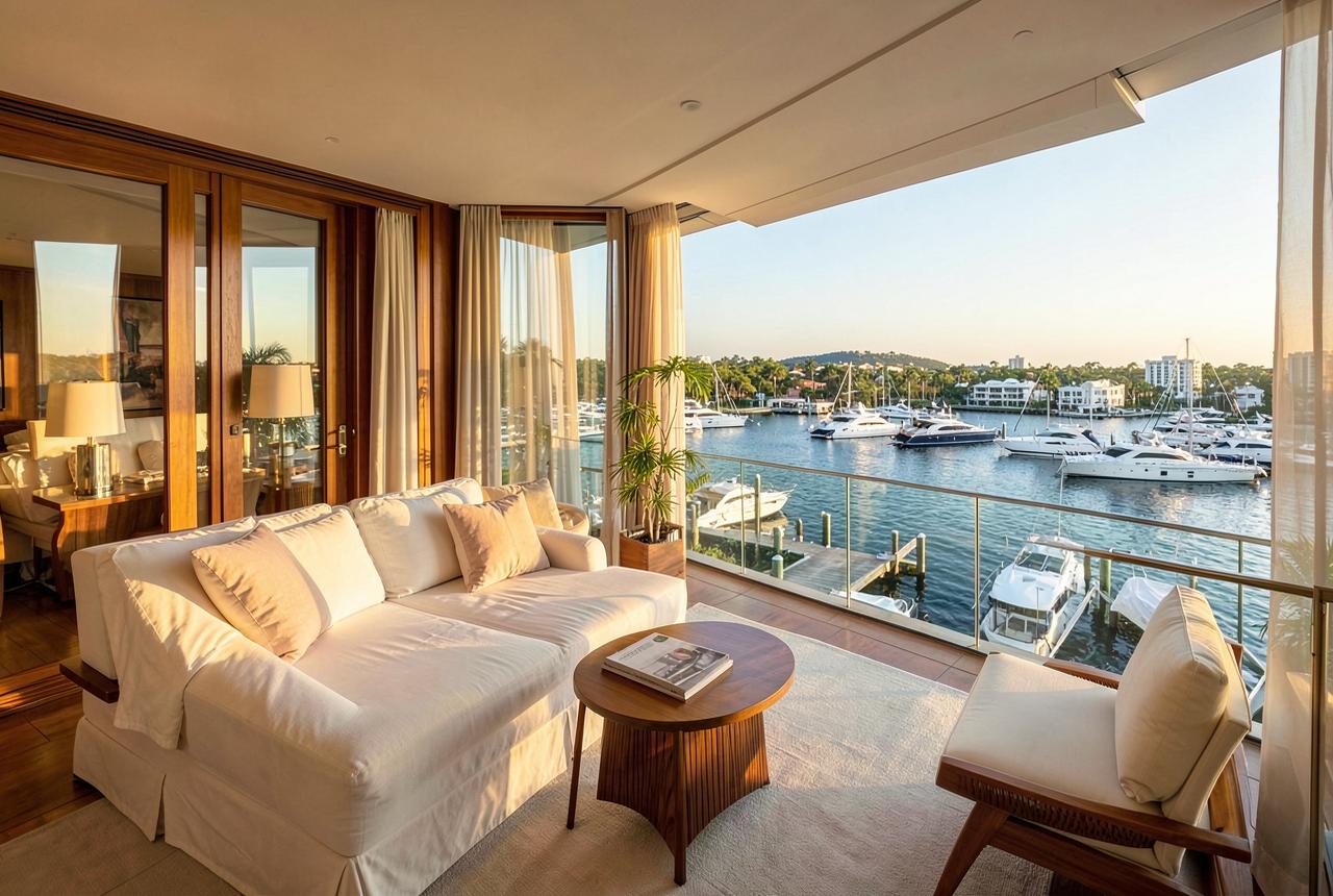 Waterfront hotel suite terrace overlooking the Fort Lauderdale marina