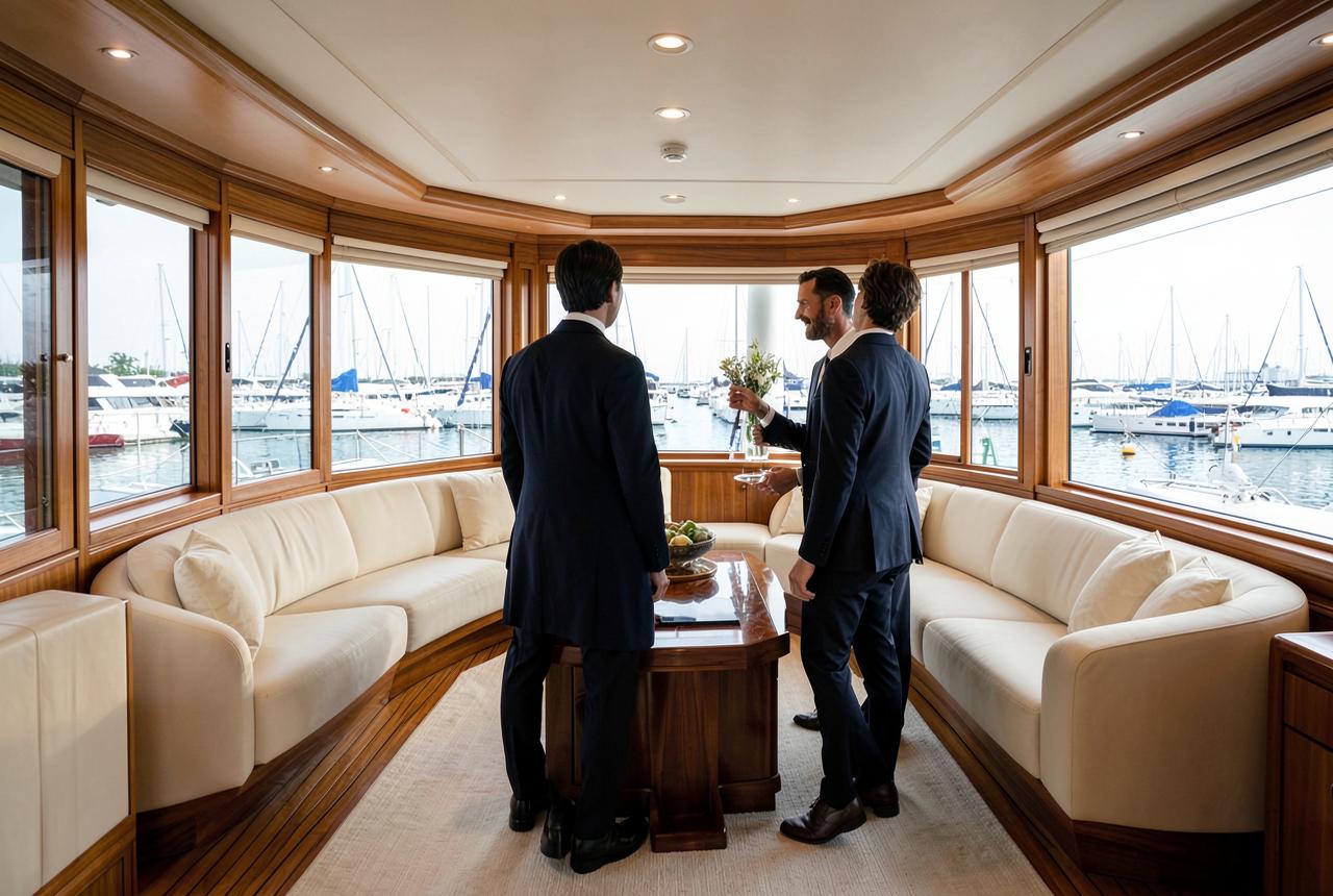 Guests stepping aboard a motor yacht from a show dock during a private viewing