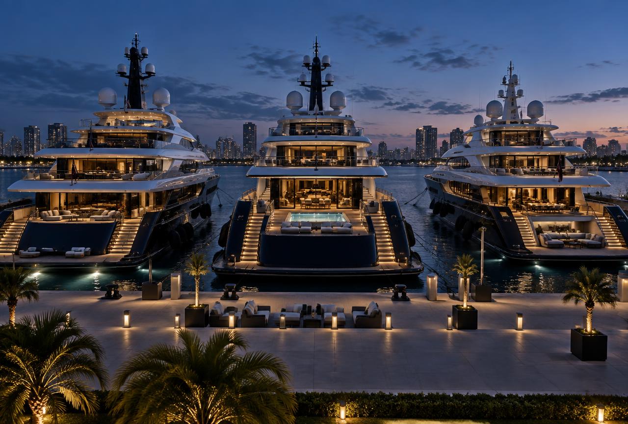 Large superyachts berthed side by side in the show's dedicated superyacht basin