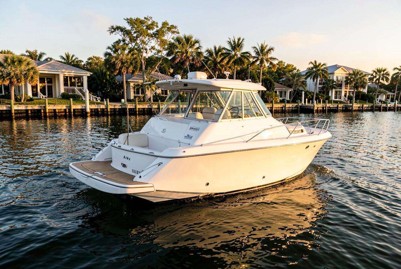 Open motor-yacht tender crossing the Fort Lauderdale intracoastal waterway