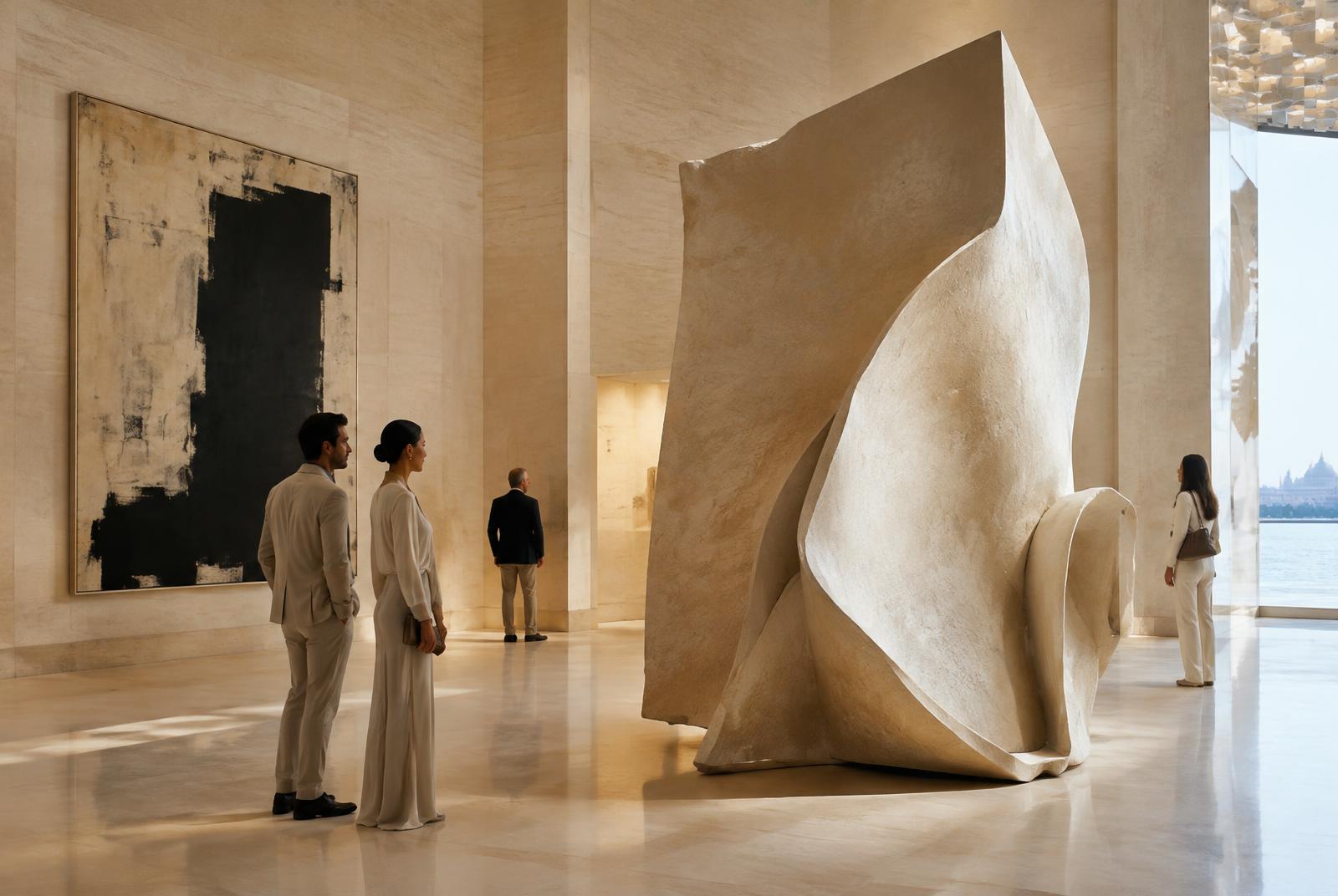 Collectors viewing contemporary art inside an Abu Dhabi cultural venue