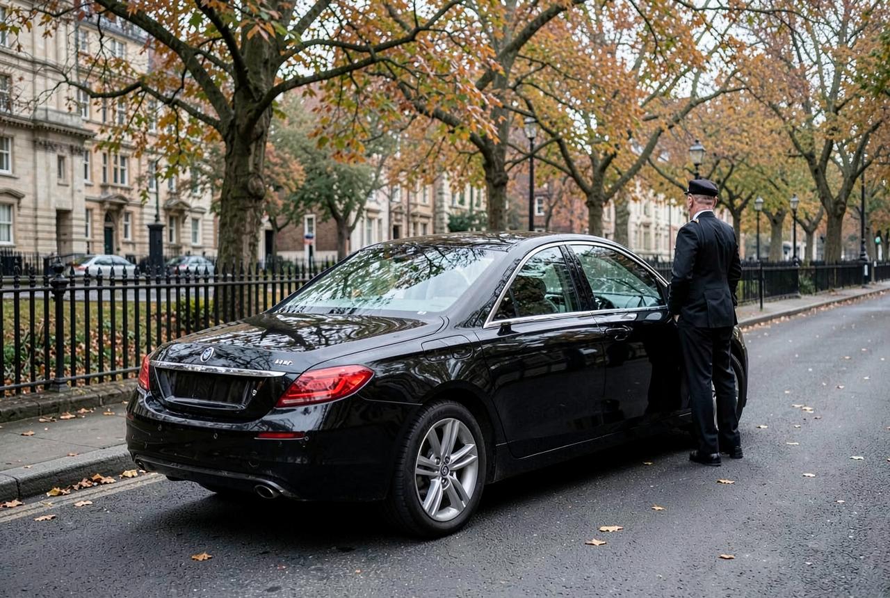A chauffeur holding open the rear door of a black saloon on an autumn London street