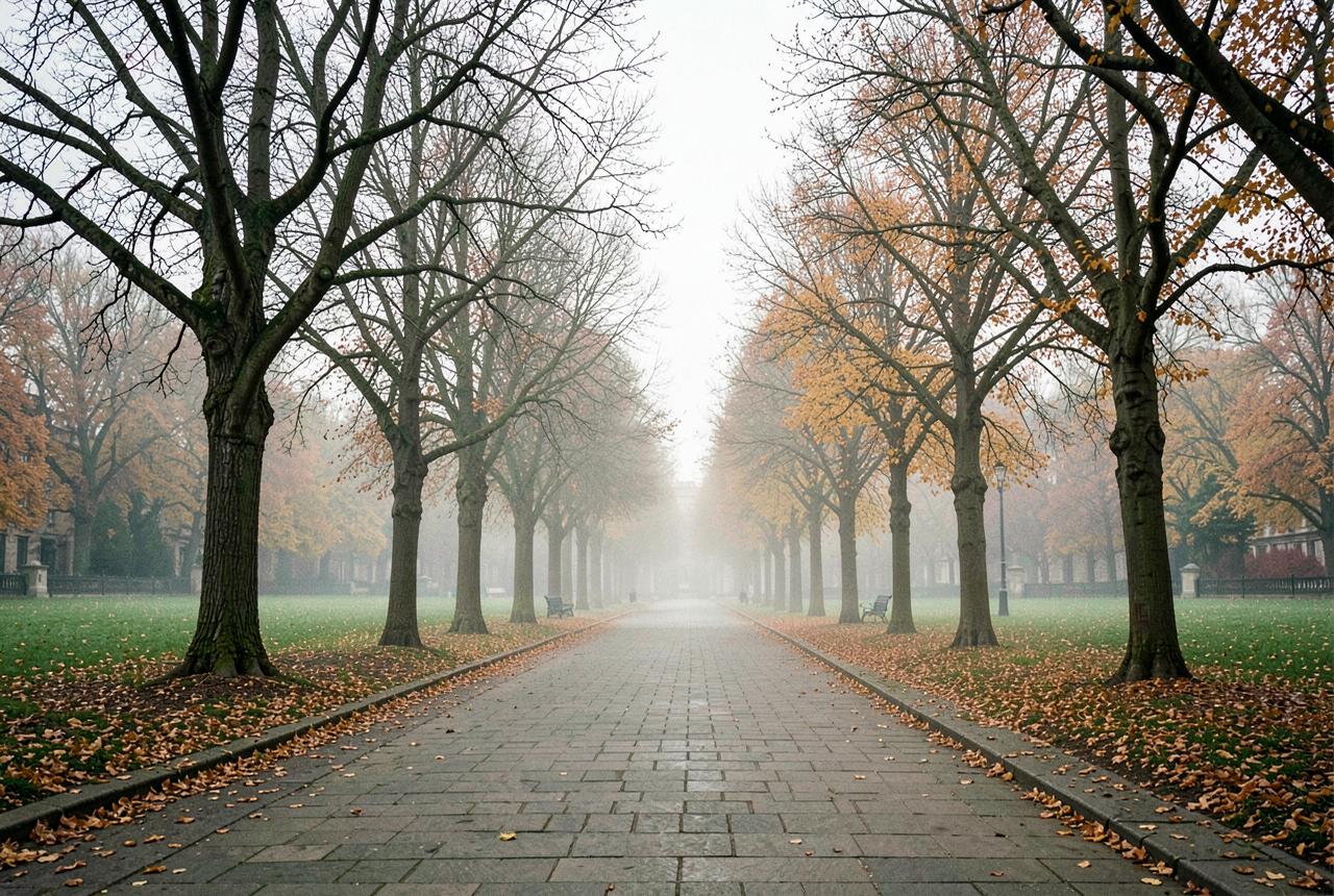A misty tree-lined avenue in a London park on an autumn morning