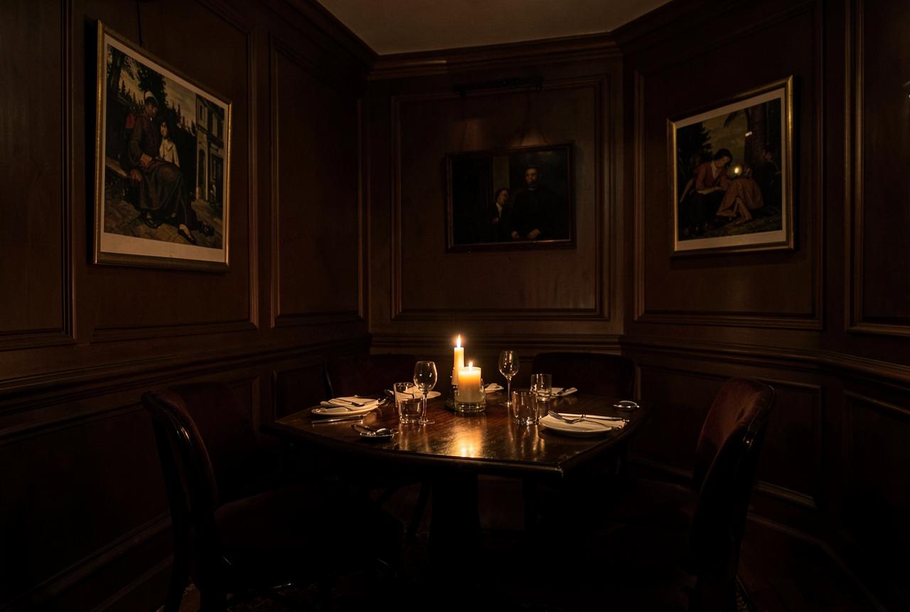 A candlelit private dining room with panelled walls in a refined London restaurant