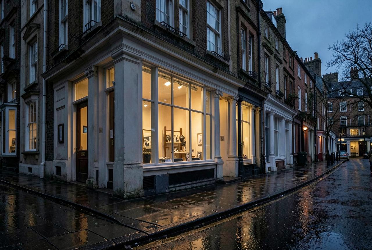 A softly lit Georgian gallery frontage on a quiet Mayfair street at dusk