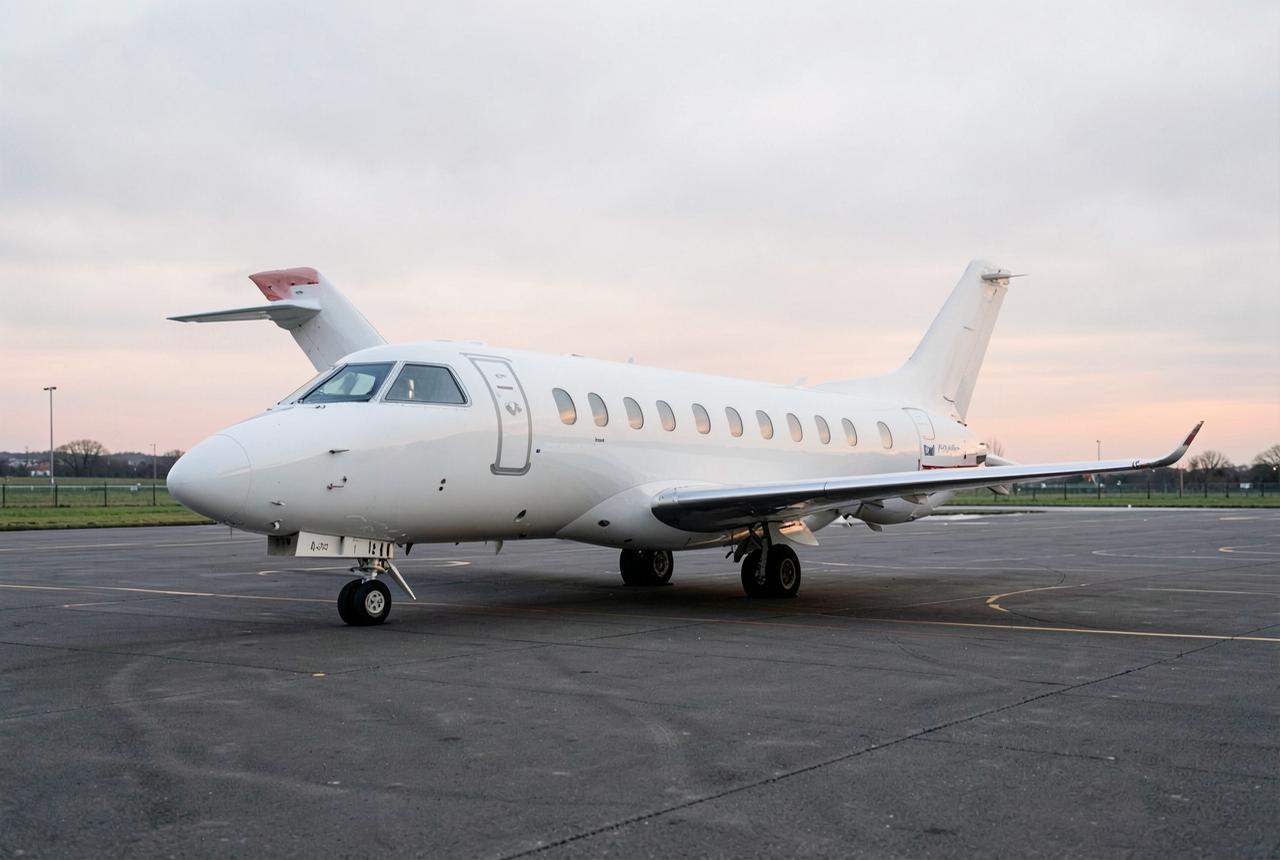 A private jet on a quiet British business aviation apron at dawn