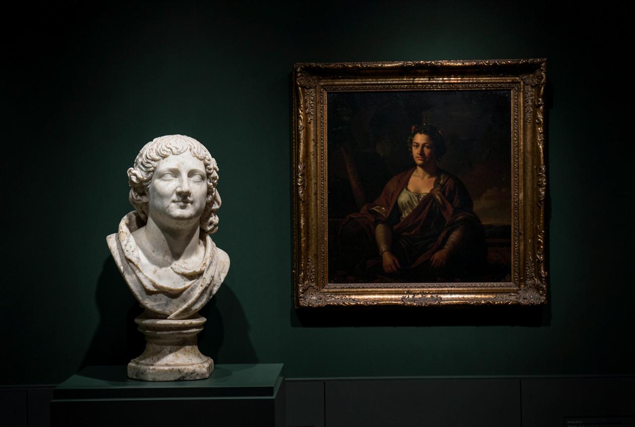 A marble bust and a gilt-framed historical painting on a deep green museum wall