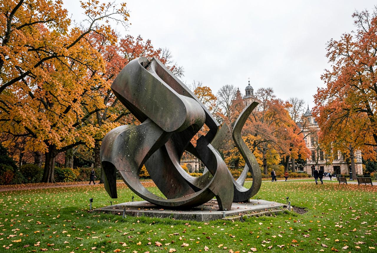A large bronze sculpture on an autumn lawn in a London royal park