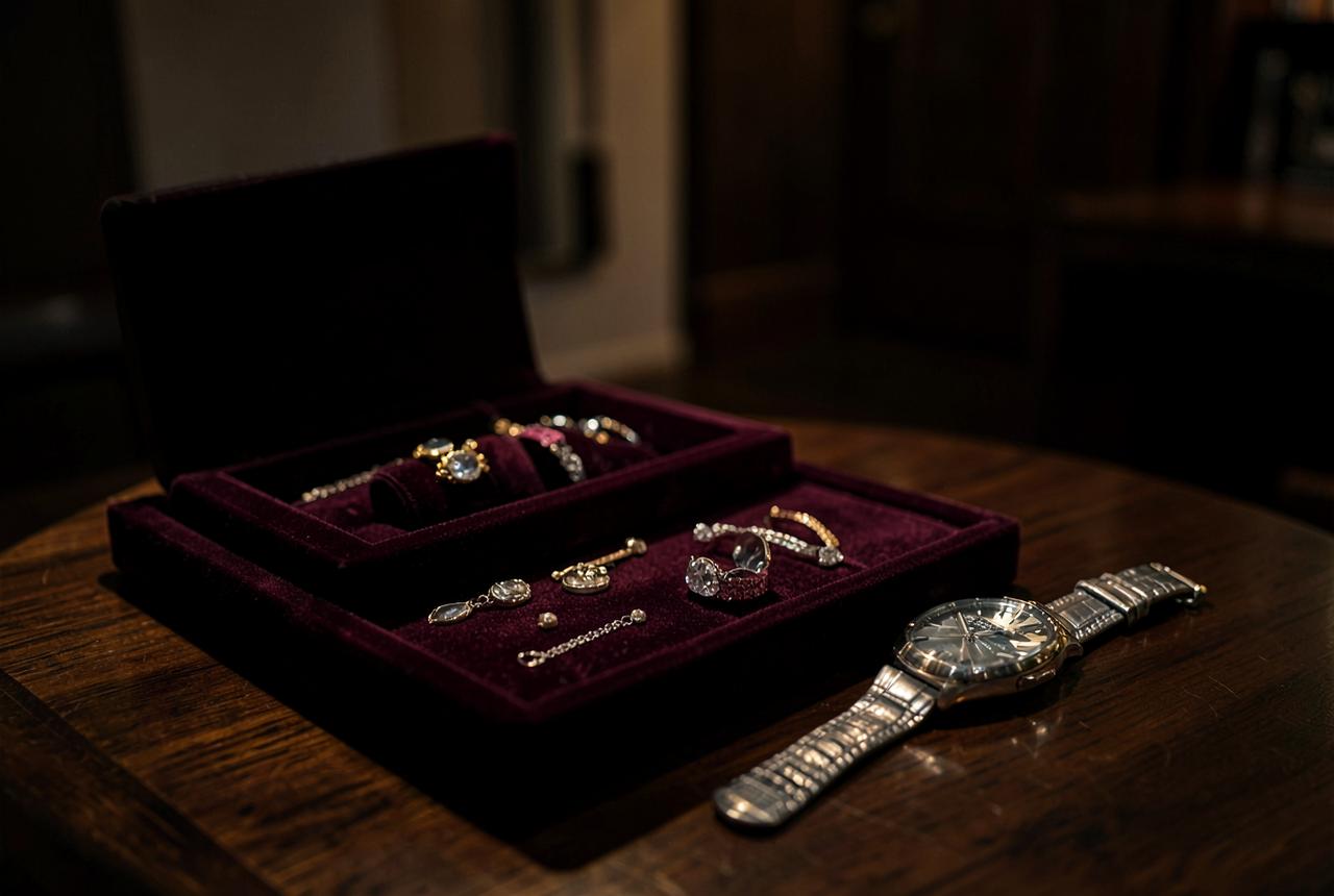 Fine jewellery and a classic wristwatch on a velvet tray in a discreet London salon