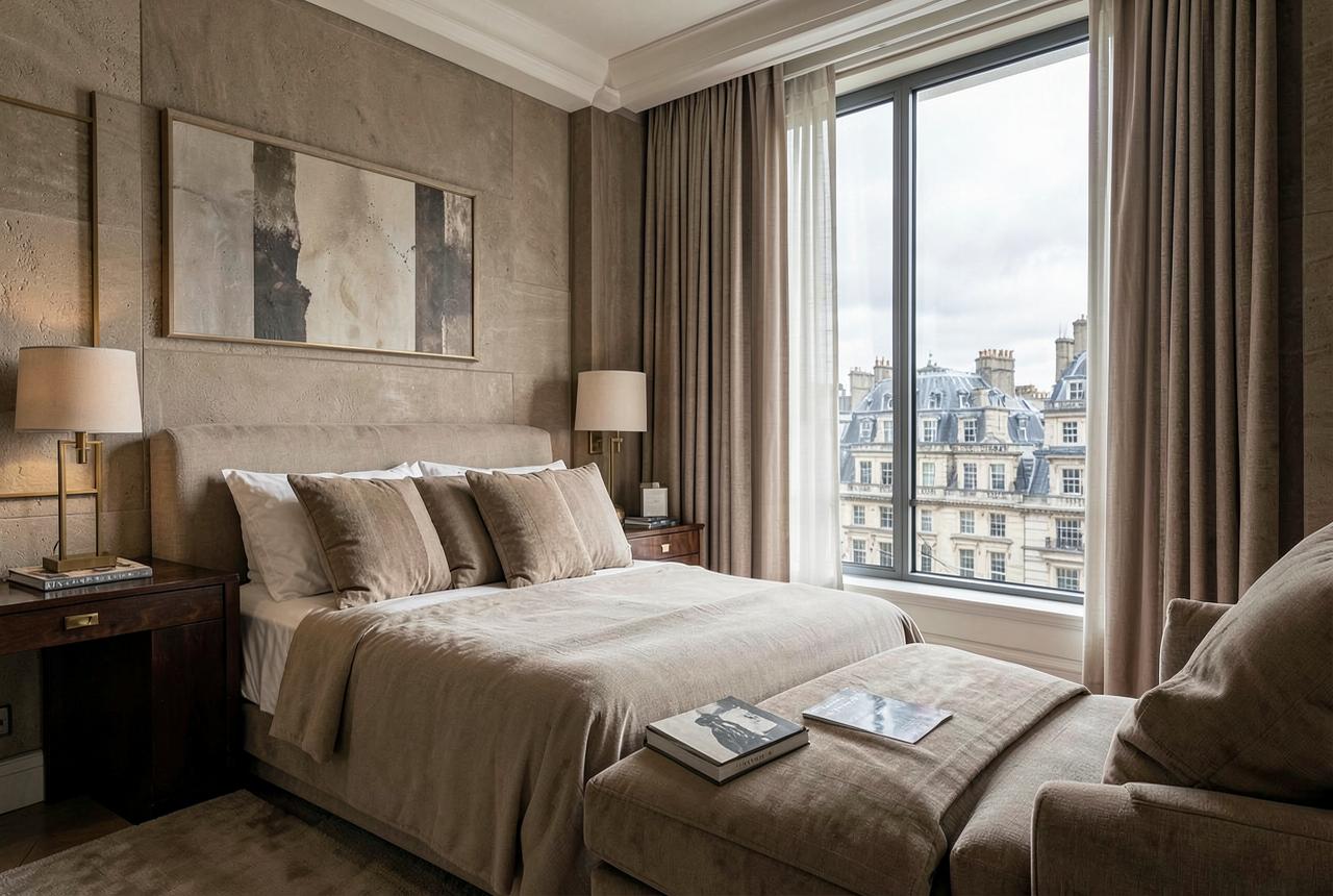 A calm London hotel suite in warm neutral tones with a window over Mayfair rooftops