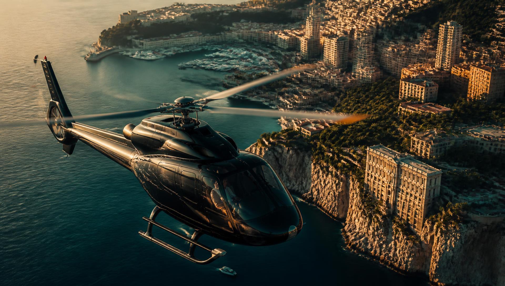 Private helicopter flying above the French Riviera coastline near Monaco