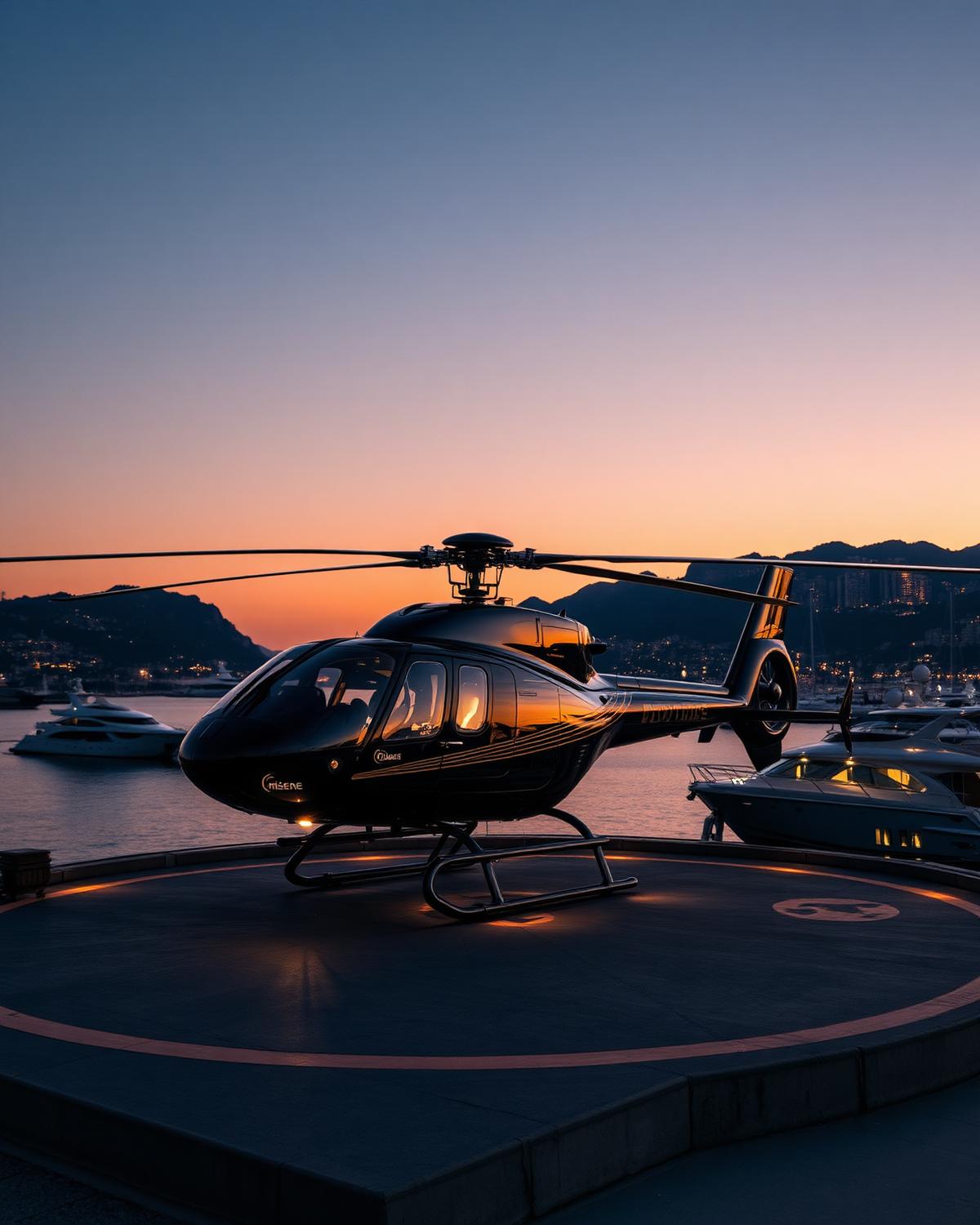 Helicopter on a coastal heliport above Monaco harbour at dusk