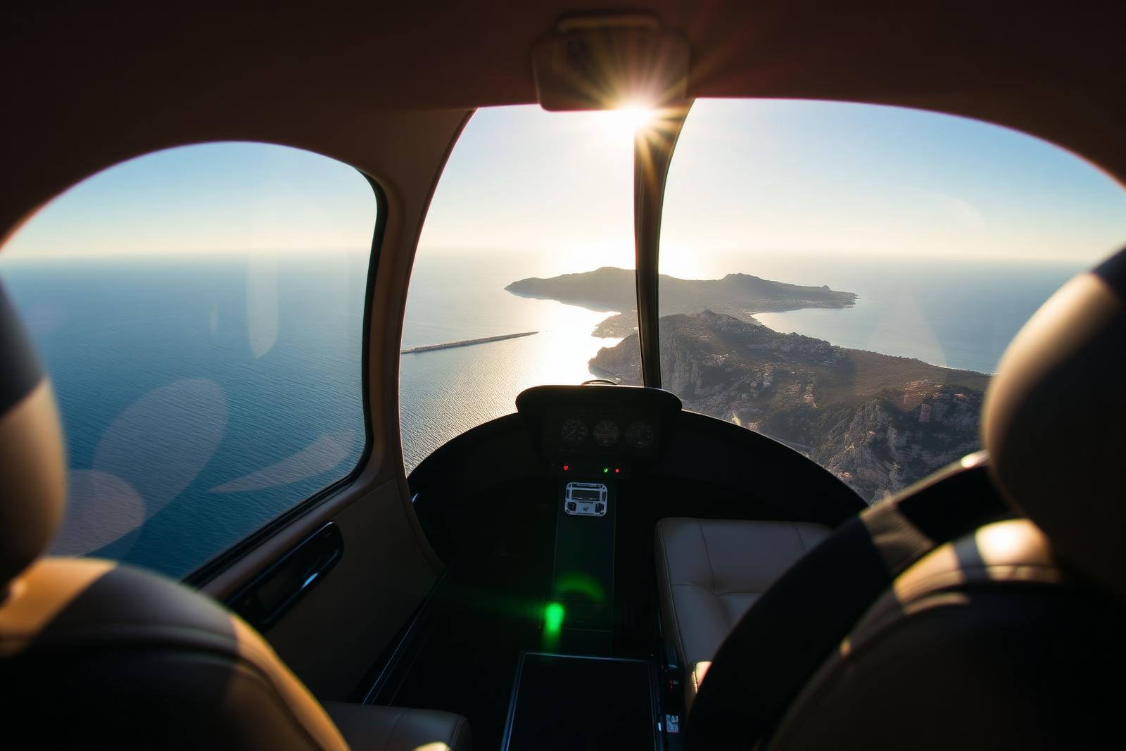 View of the Mediterranean coastline from inside a helicopter cabin