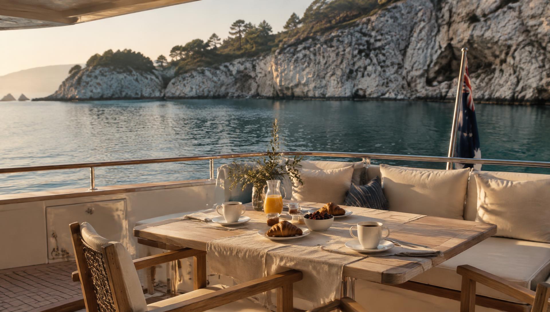Breakfast for two on the aft deck of a private yacht at anchor in a quiet cove
