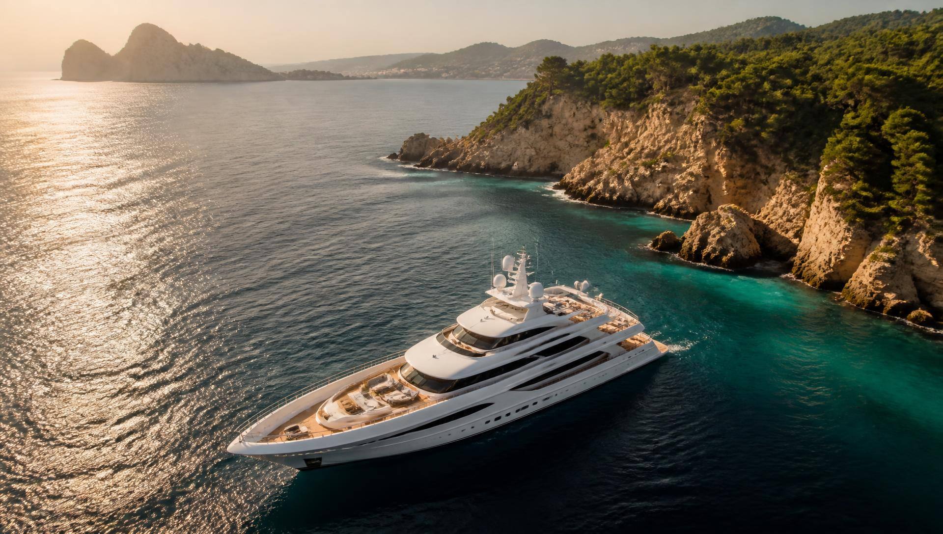 Luxury superyacht cruising the Ibiza coastline at golden hour