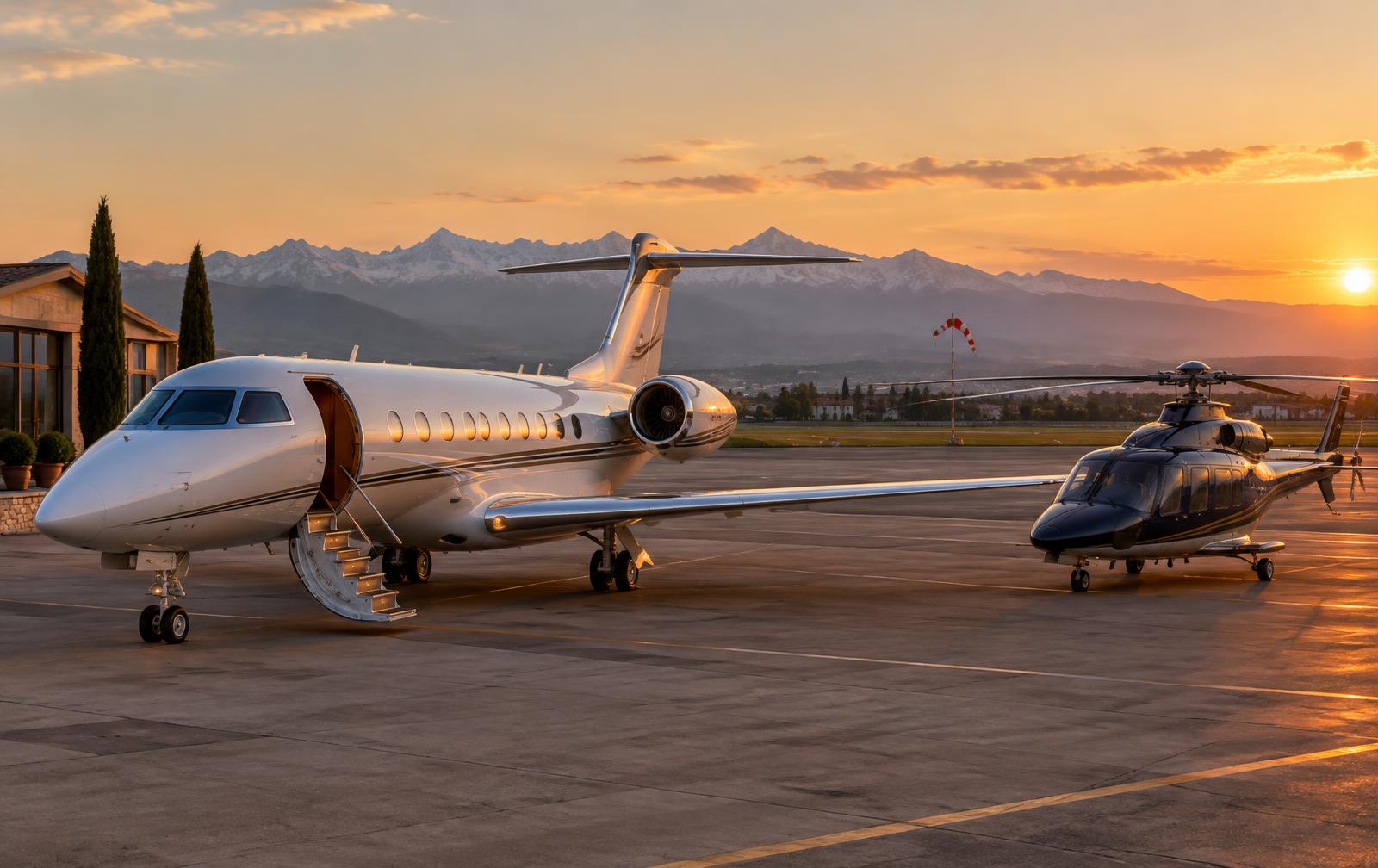 Private jet and helicopter on an Italian airport apron at golden hour