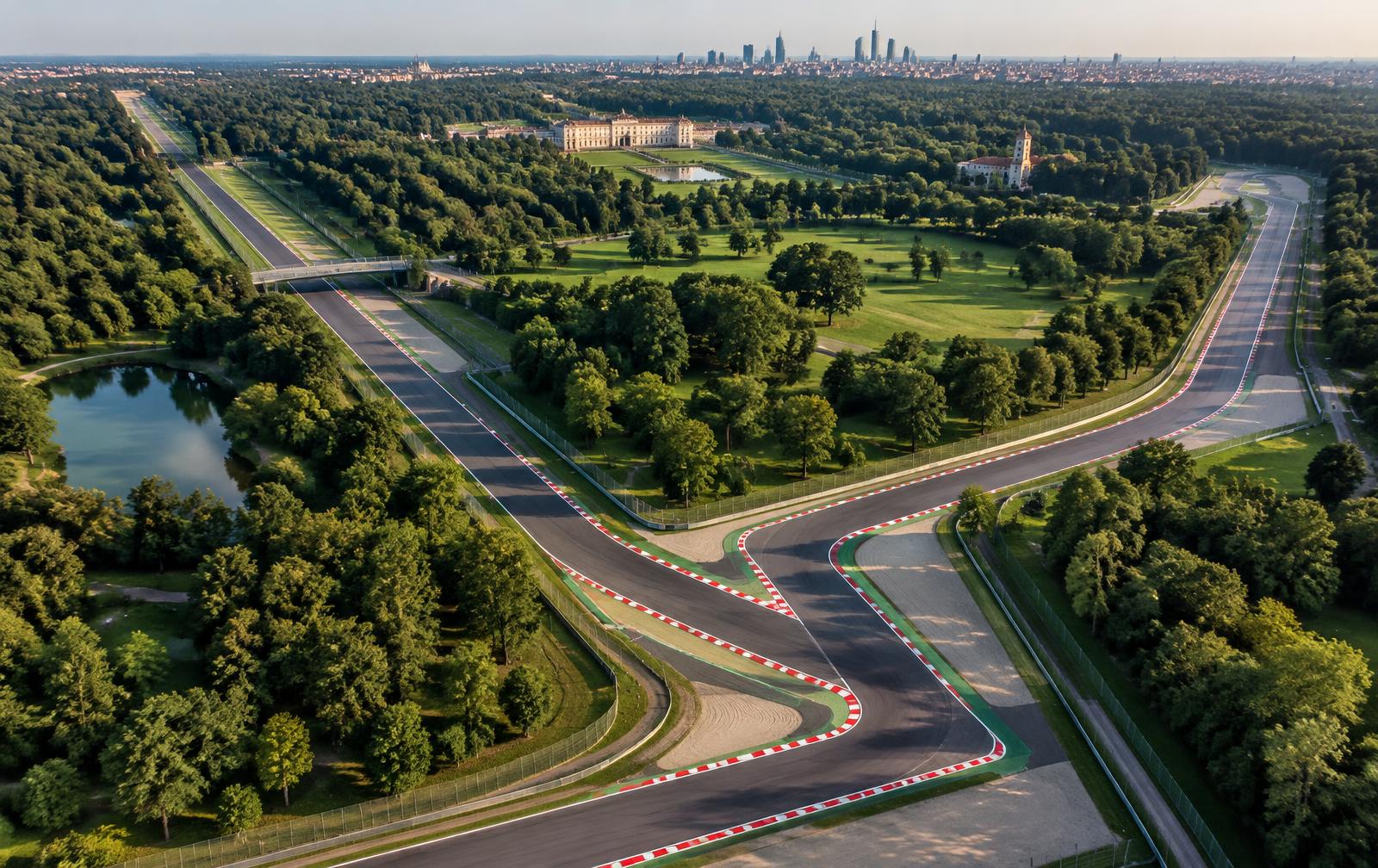 Aerial view of a fast circuit of straights and chicanes through a green park