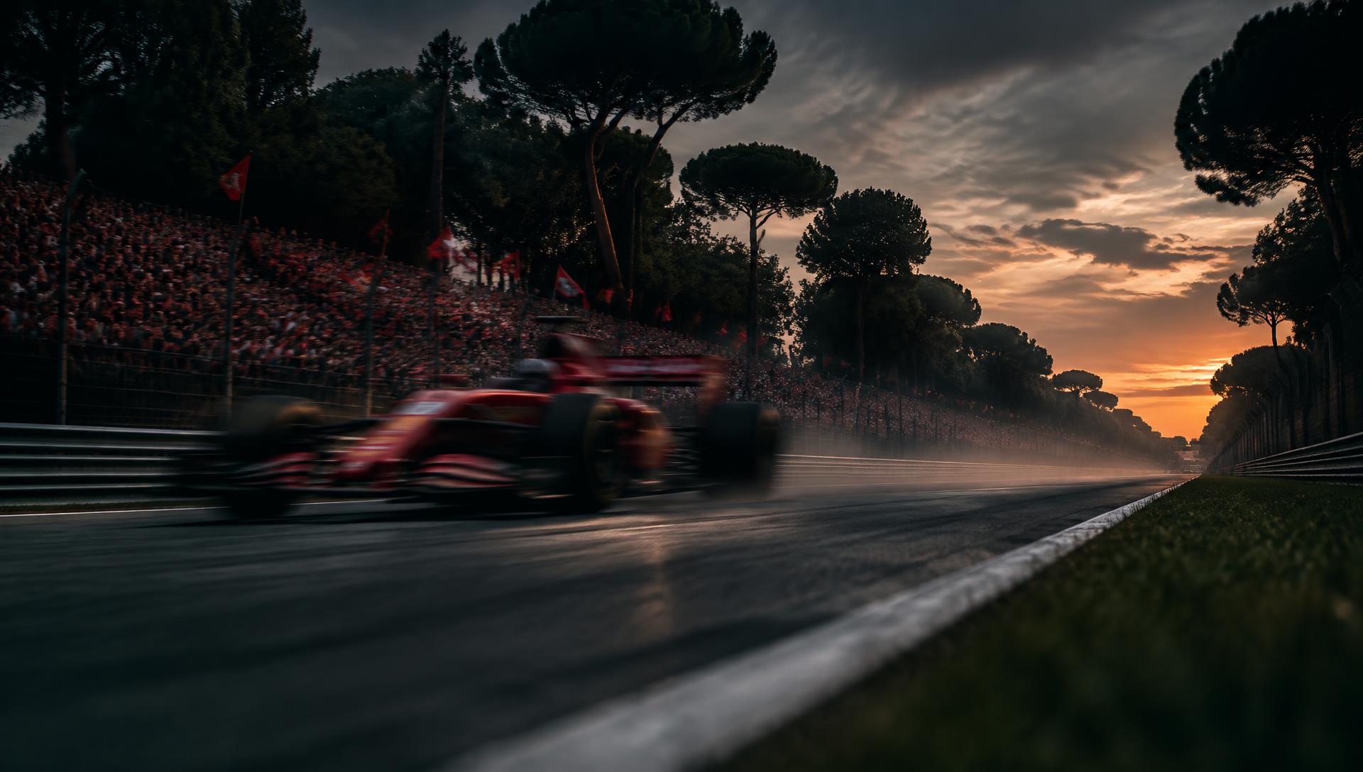 A red single-seater blurred at full speed down a long straight with packed grandstands