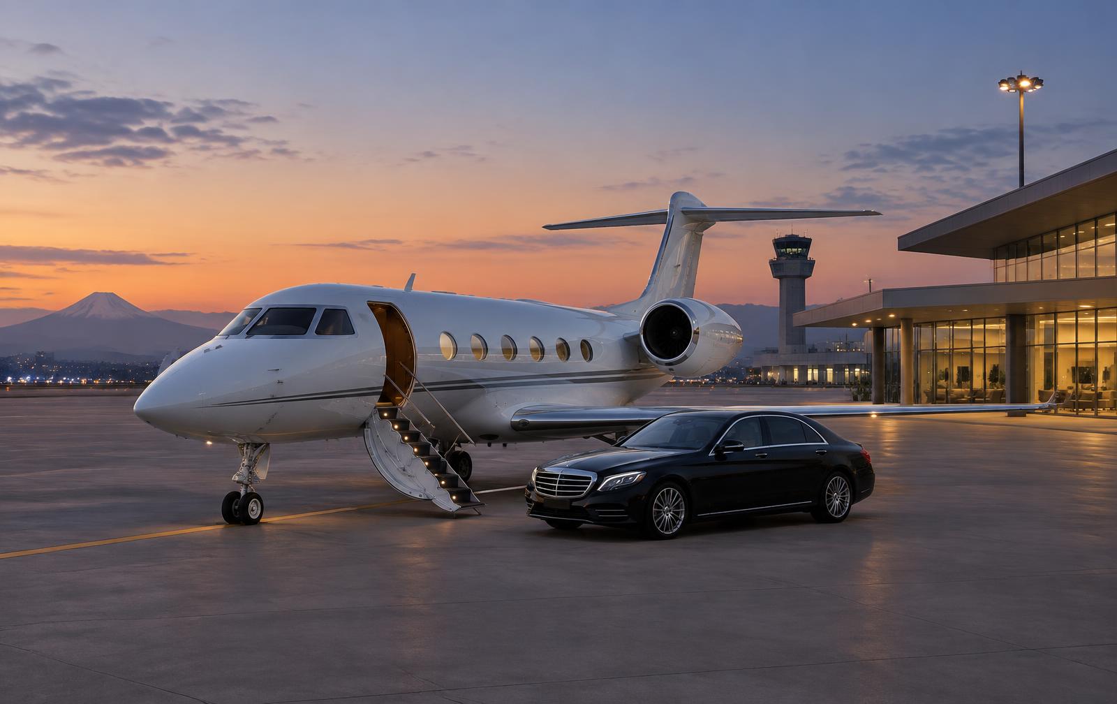 Private jet and waiting sedan at a Japanese airport business aviation terminal