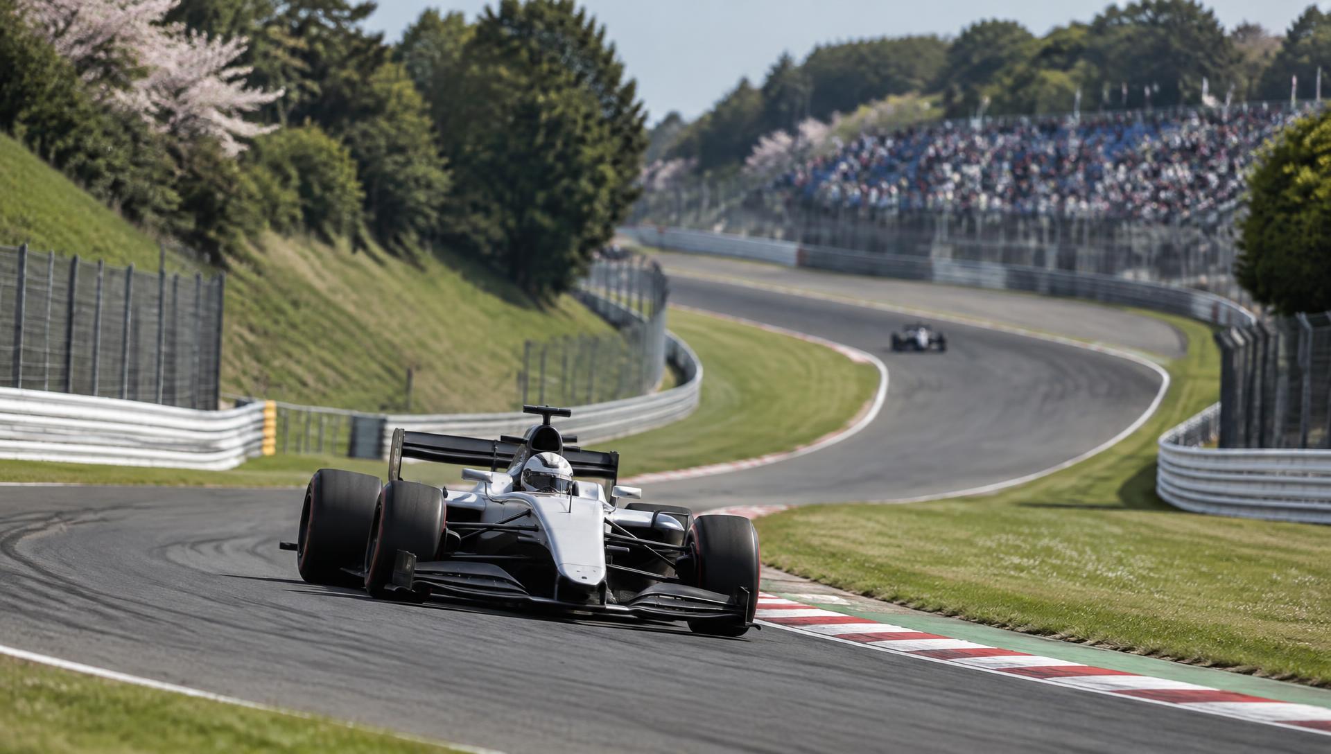 Single-seater racing car loaded through the first-sector esses at a Japanese circuit