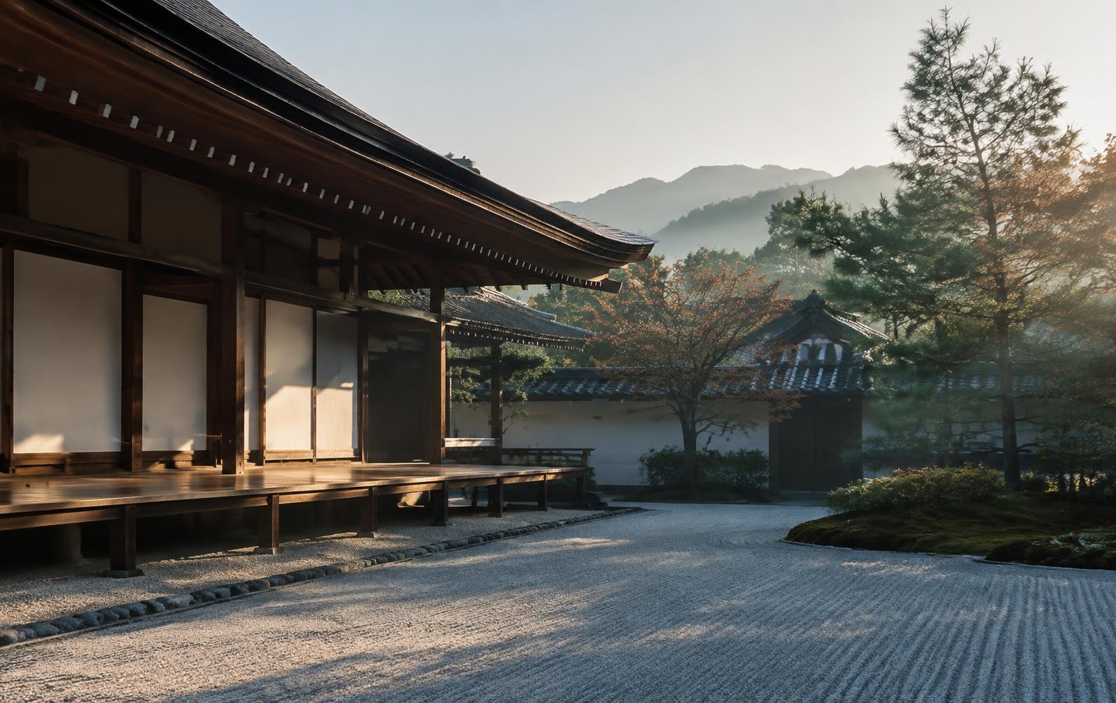 Traditional Japanese temple architecture and raked garden in soft morning light
