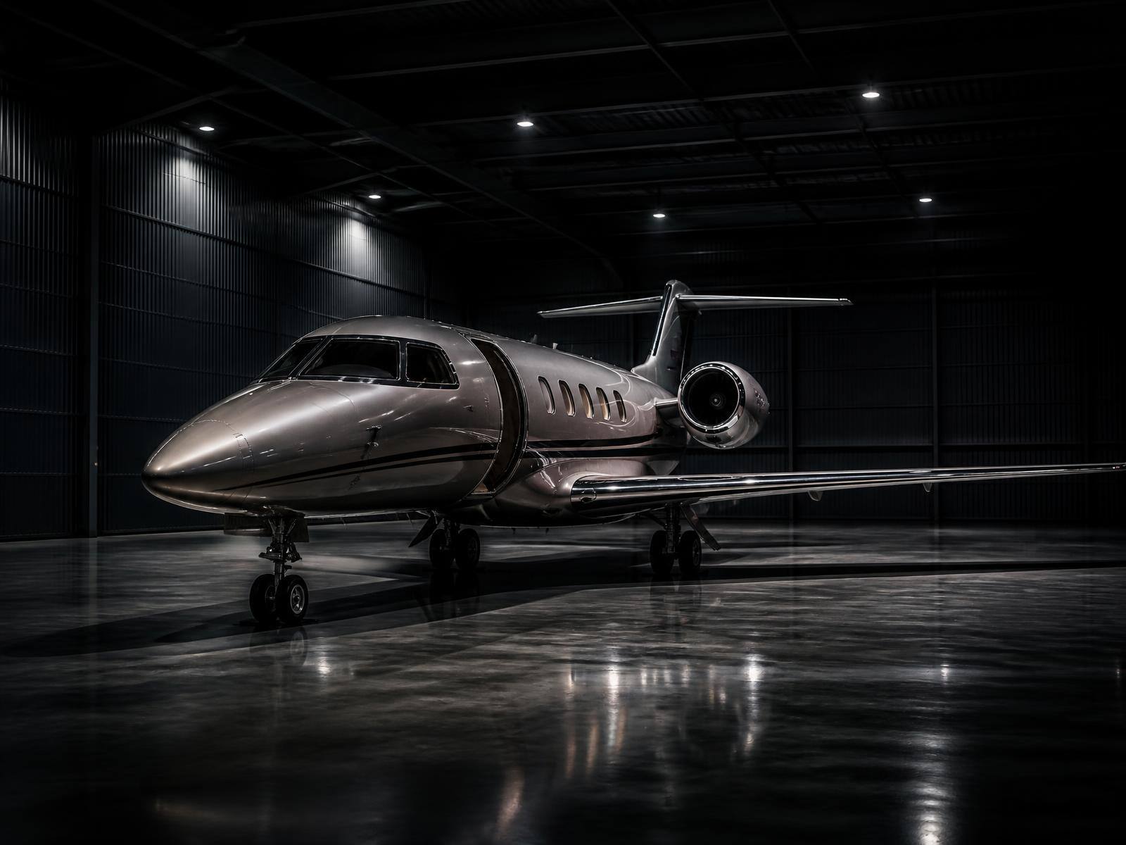 Private jet inside a modern hangar