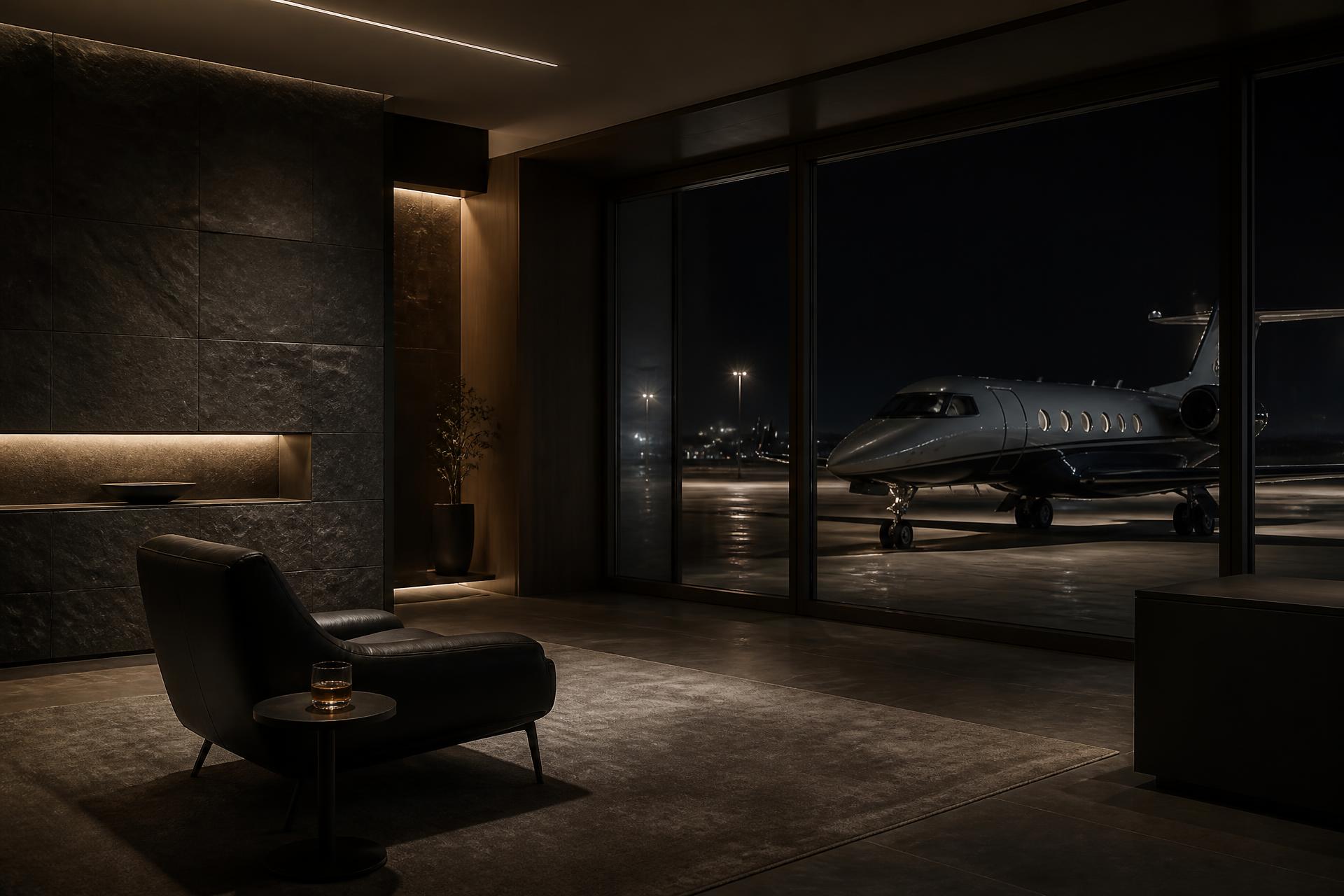 Private aviation lounge at night with a jet visible on the apron beyond floor-to-ceiling glass