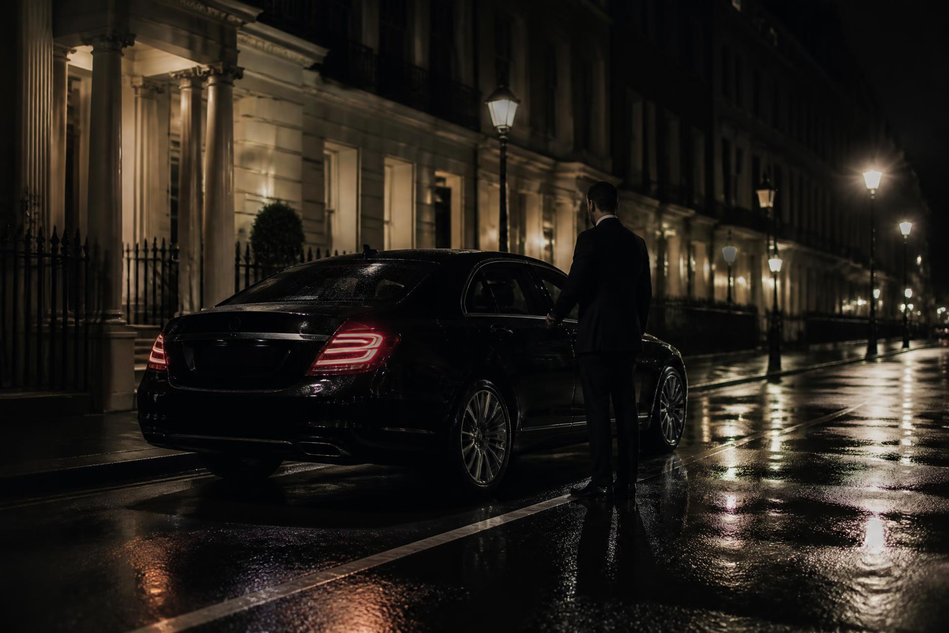 Chauffeur holding open the rear door of a black saloon on a wet London street at night