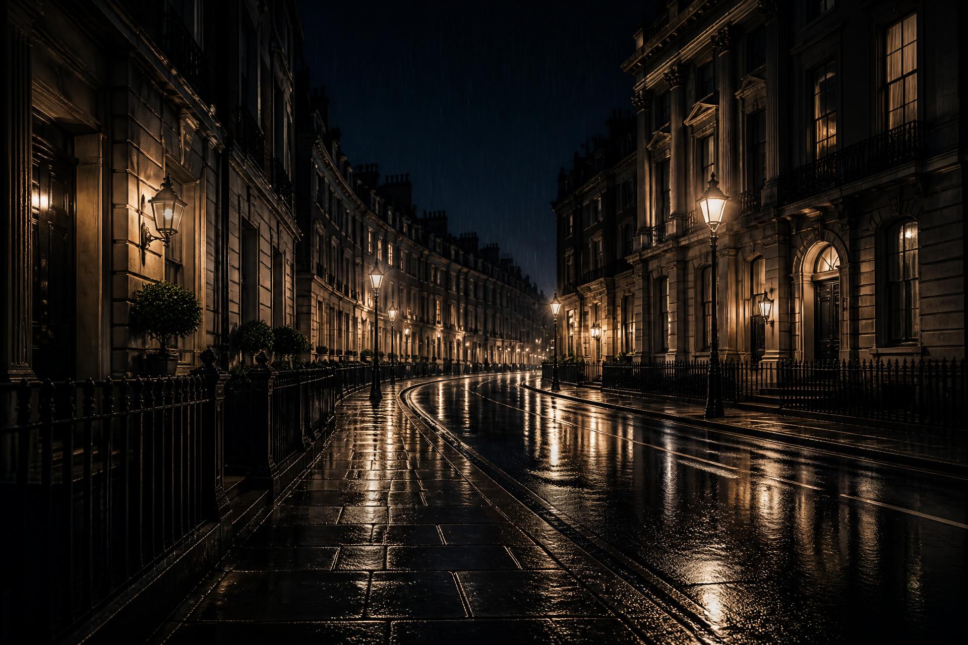 Empty London street of stone townhouses under fine rain at night, lanterns reflected on the road