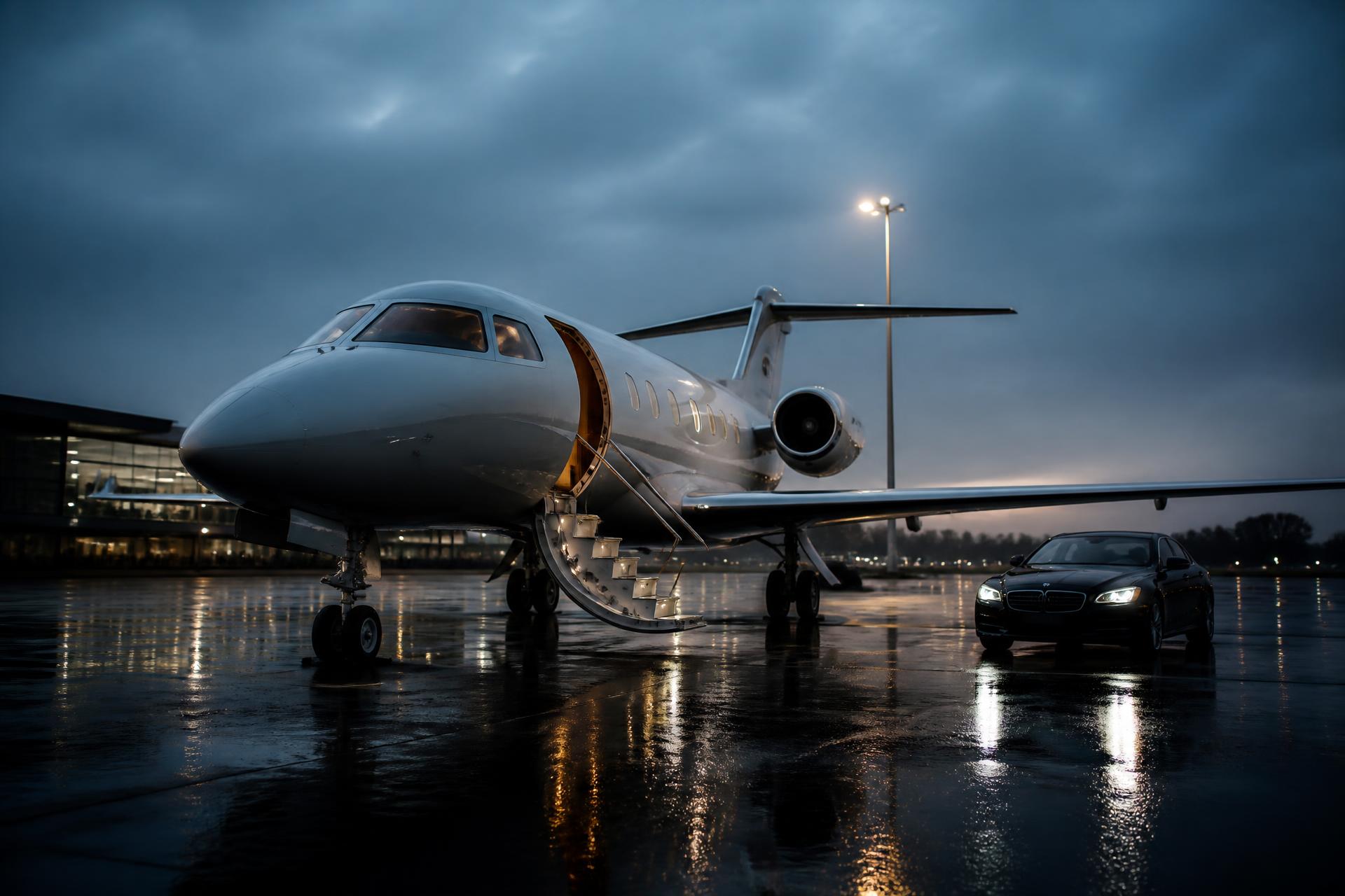 Private jet with airstairs down and a black car waiting on a rain-washed apron at dusk