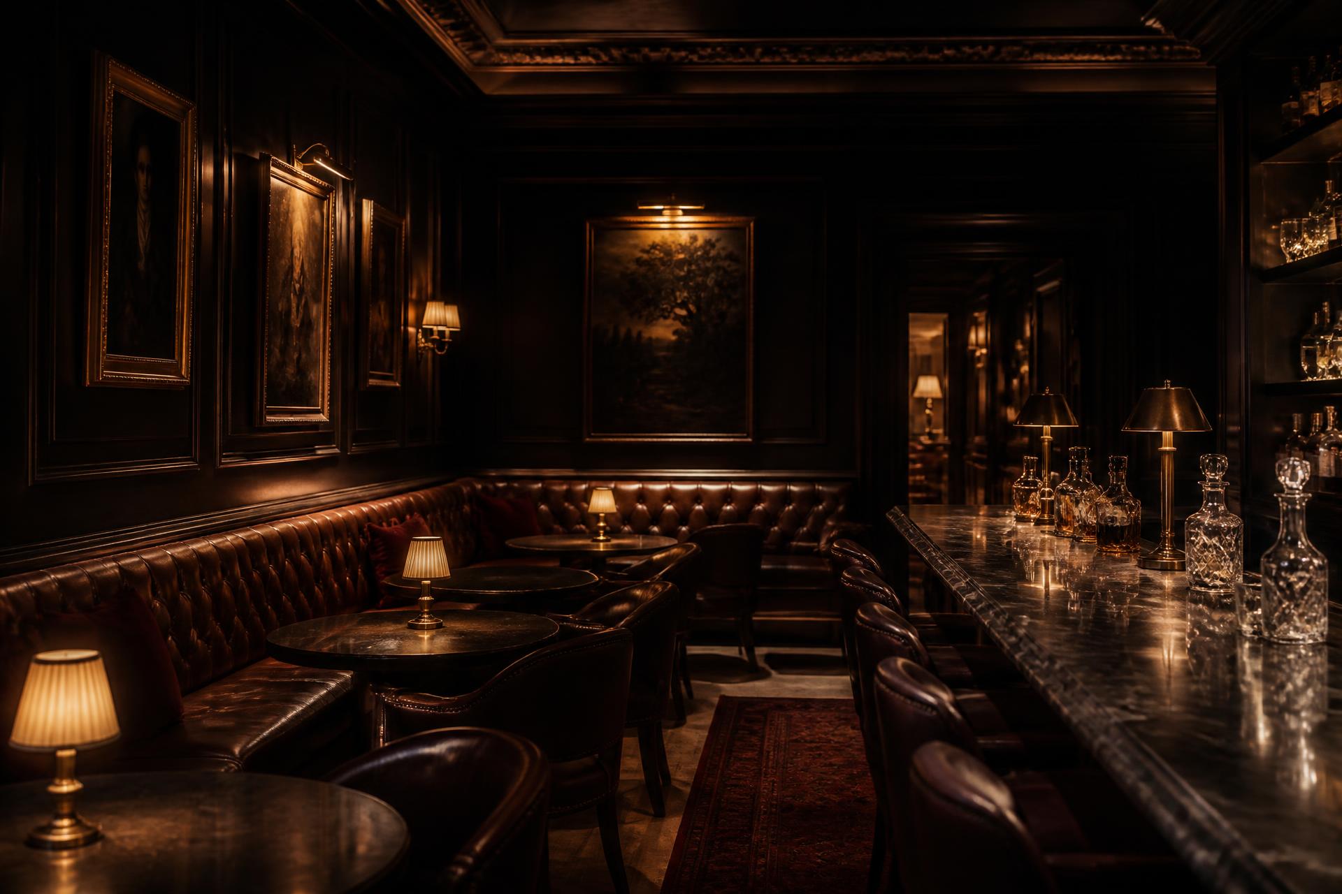 Dark panelled private members club interior with leather banquettes and low lamplight