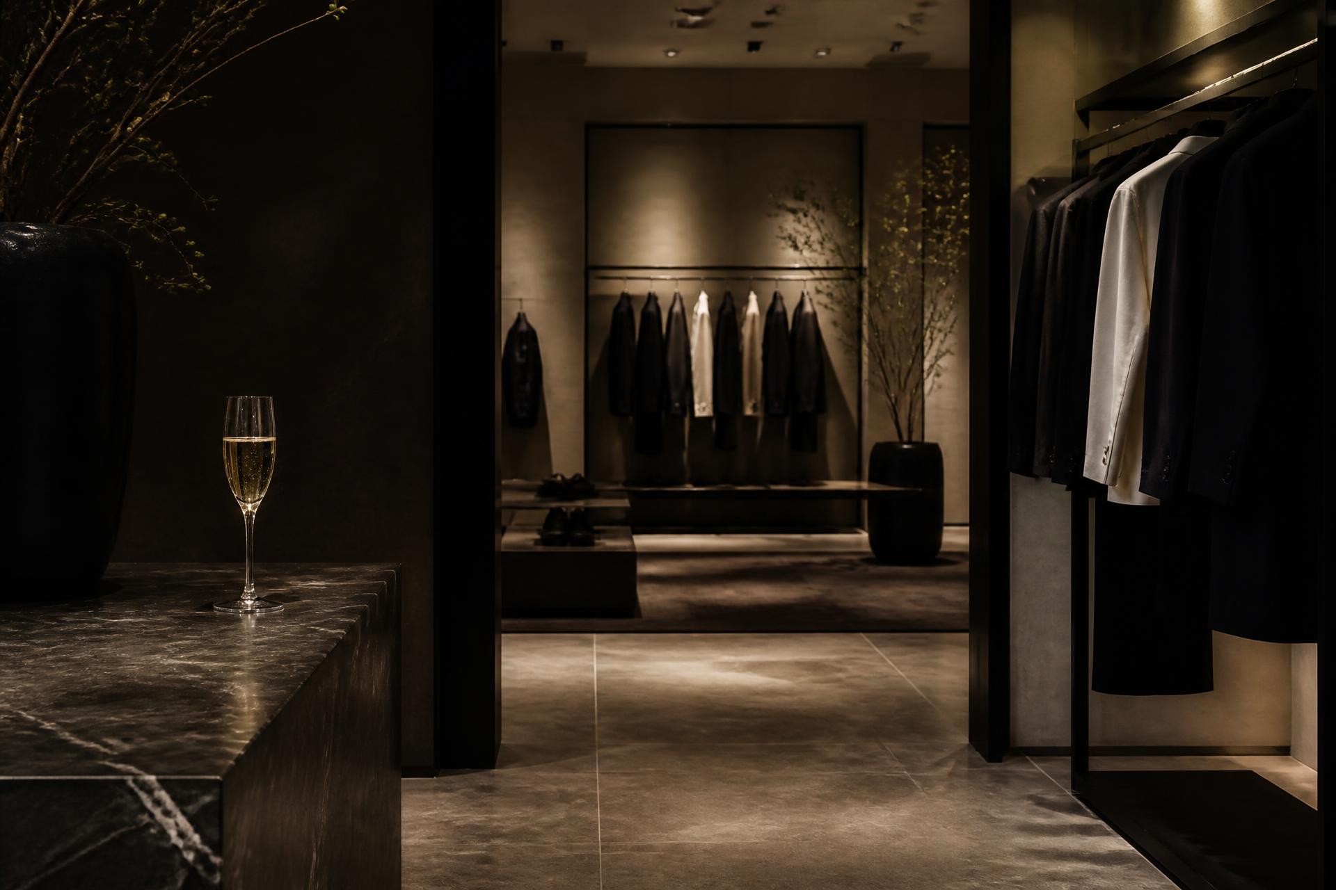 Private after-hours boutique interior with tailored garments under warm lighting