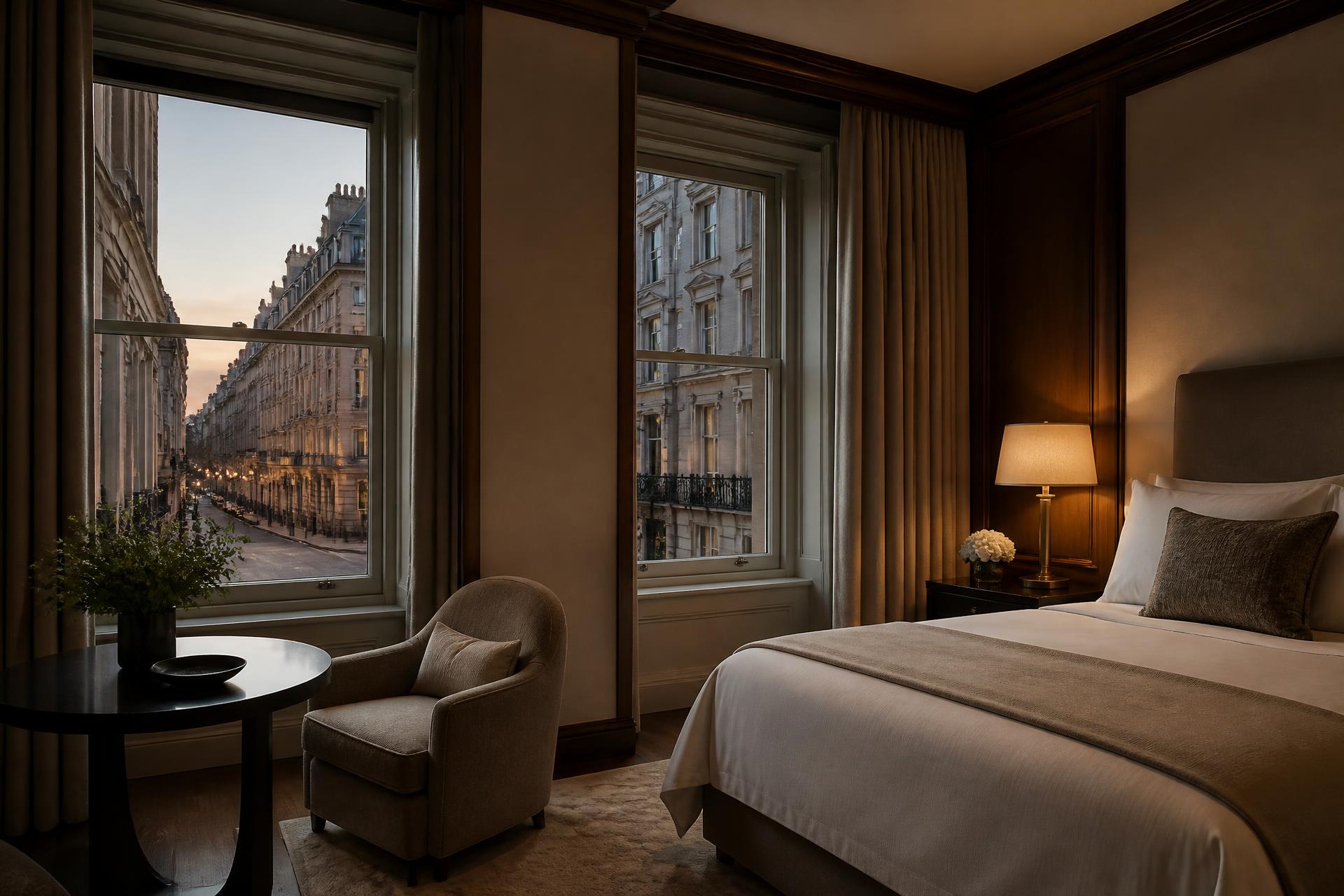 London hotel suite at dusk with tall sash windows overlooking a quiet stone street
