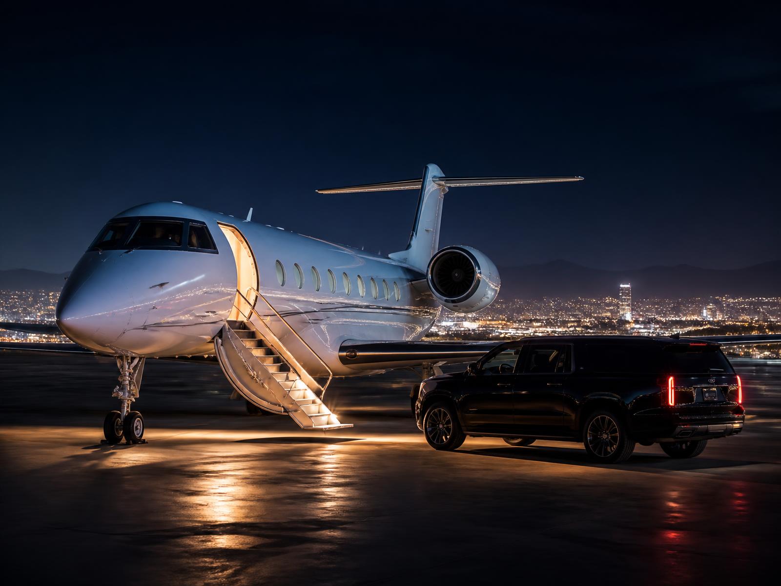 Private jet on a night apron with a black SUV waiting and desert city lights beyond